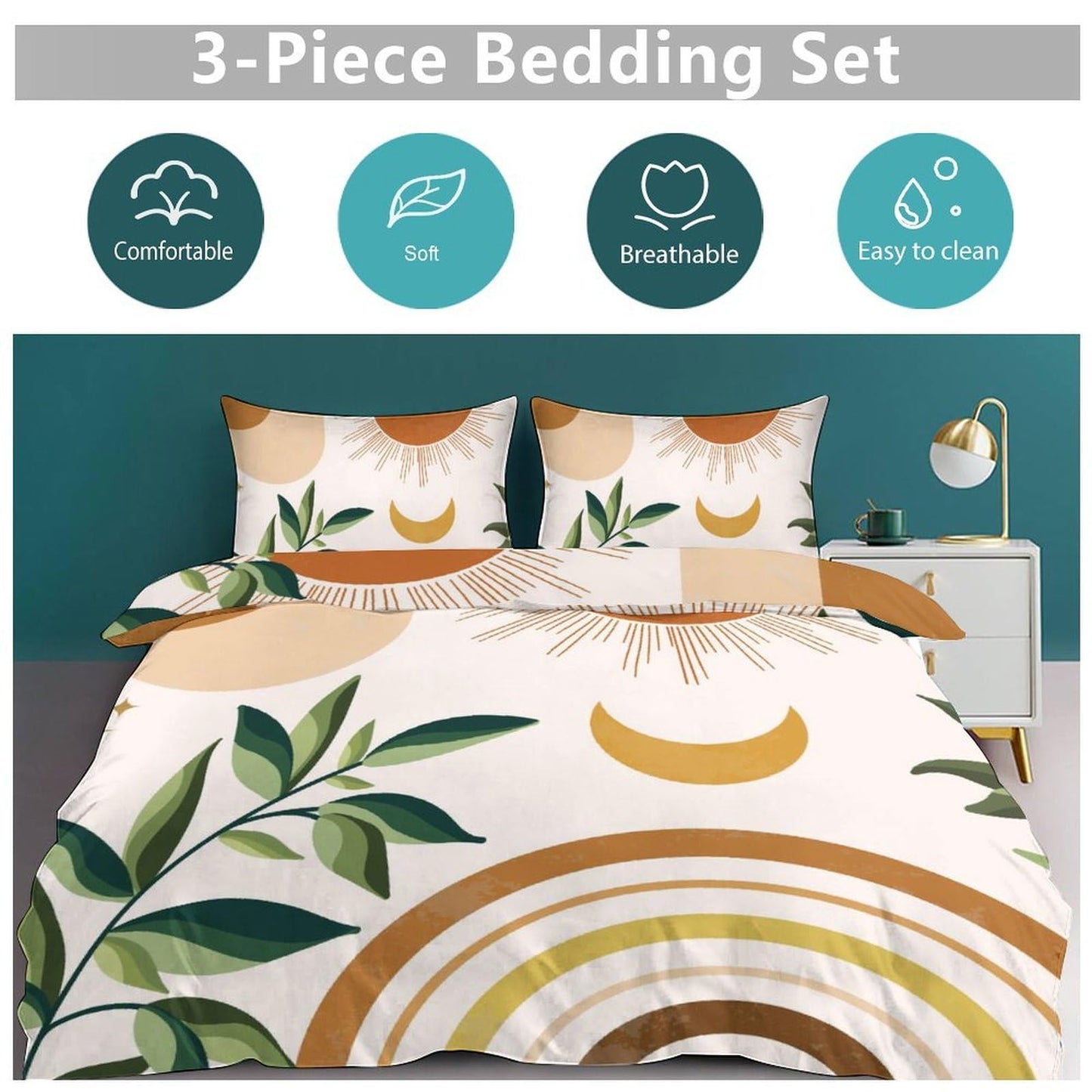 Lnepty Mid Century Leaf Bedding Set,Boho Tropical Nature Plants Modern Minimalist Comforter Set with Pillowcase for Bedroom Bed Decor，Twin 86"x70"