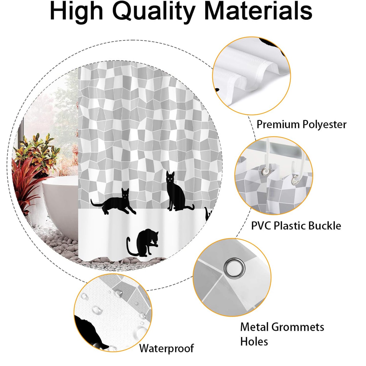 Emwnodti Funny Shower Curtain Set, Cute Black Cat Gray White Mosaic Bath Curtain, Fun Silhouette Shower Curtain Polyester Fabric Waterproof Durable, 12 Hooks 72x72 inch