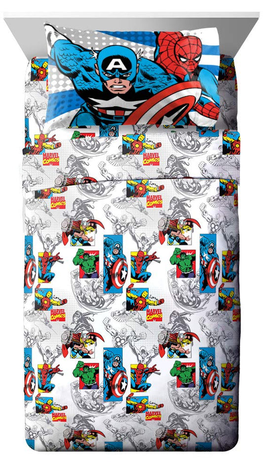 Jay Franco Kids Sheet Set with Fitted, Flat Sheets & Pillow Cover - Ultra-Soft Bedding with Pillowcase for Room Decor, White - Avengers, 3 Piece Twin