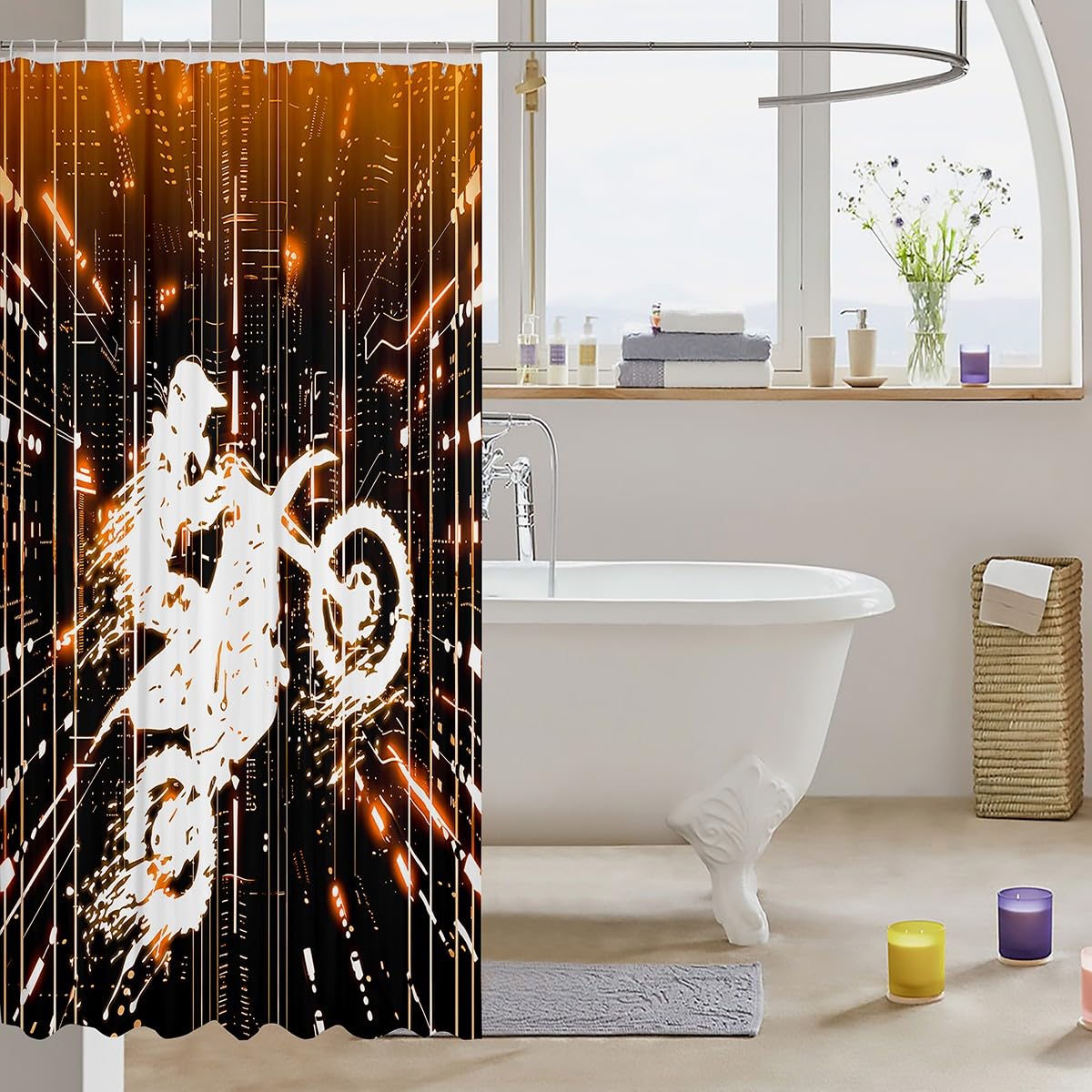 Feelyou Kids Dirt Bike Bath Curtain Racing Motocross Rider Bathroom Shower Curtain Set Boys Girls Motorcycle Shower Curtain Extreme Sports Teens Bathroom Accessories Bedroom Decor 72"x72"
