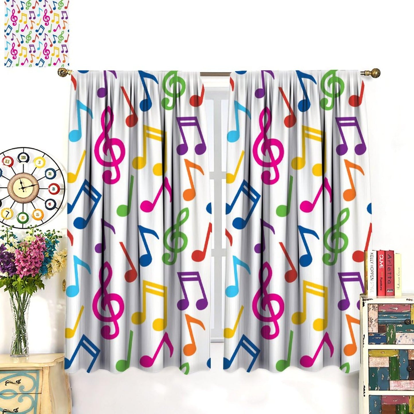 DDCBNS Music Equalizer Note Pattern Polyester Fabric Window Treatments, 2 Panel Set, Total Size 42" x 45", White, Rod Pocket, Unlined, 70% Opacity, Bedroom, Living Room, Music Room, Study
