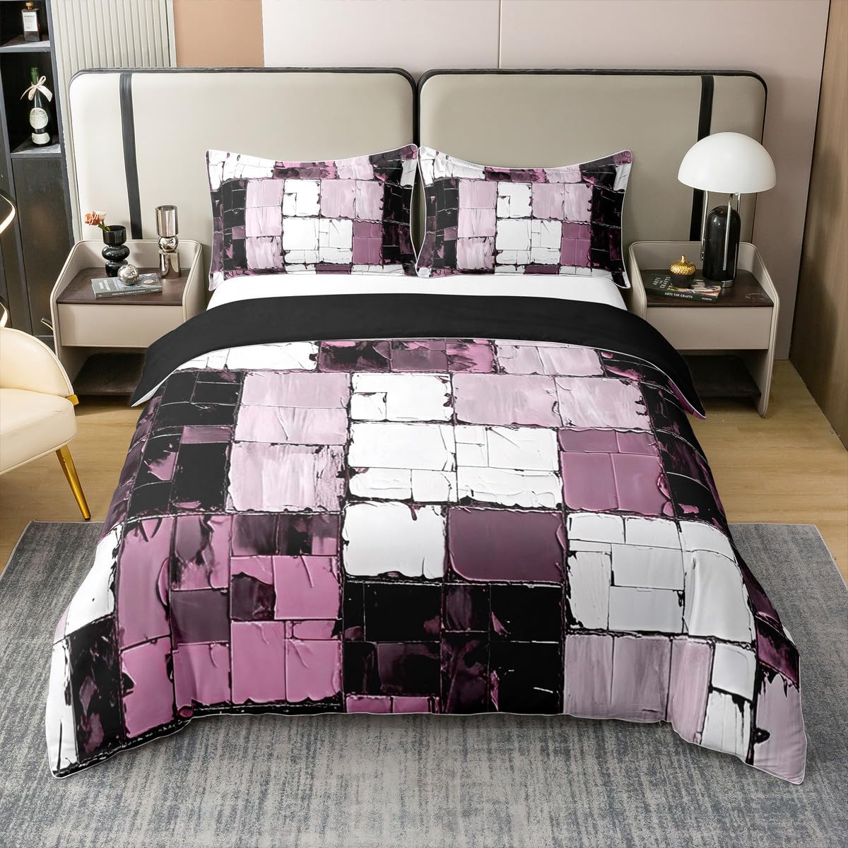 jejeloiu Pink Black Abstract Bedding Set Queen Size Geometric Minimalist Square Duvet Cover 100% Cotton for Boys Girls Modern Abstract Art Comforter Cover（No Comforter）