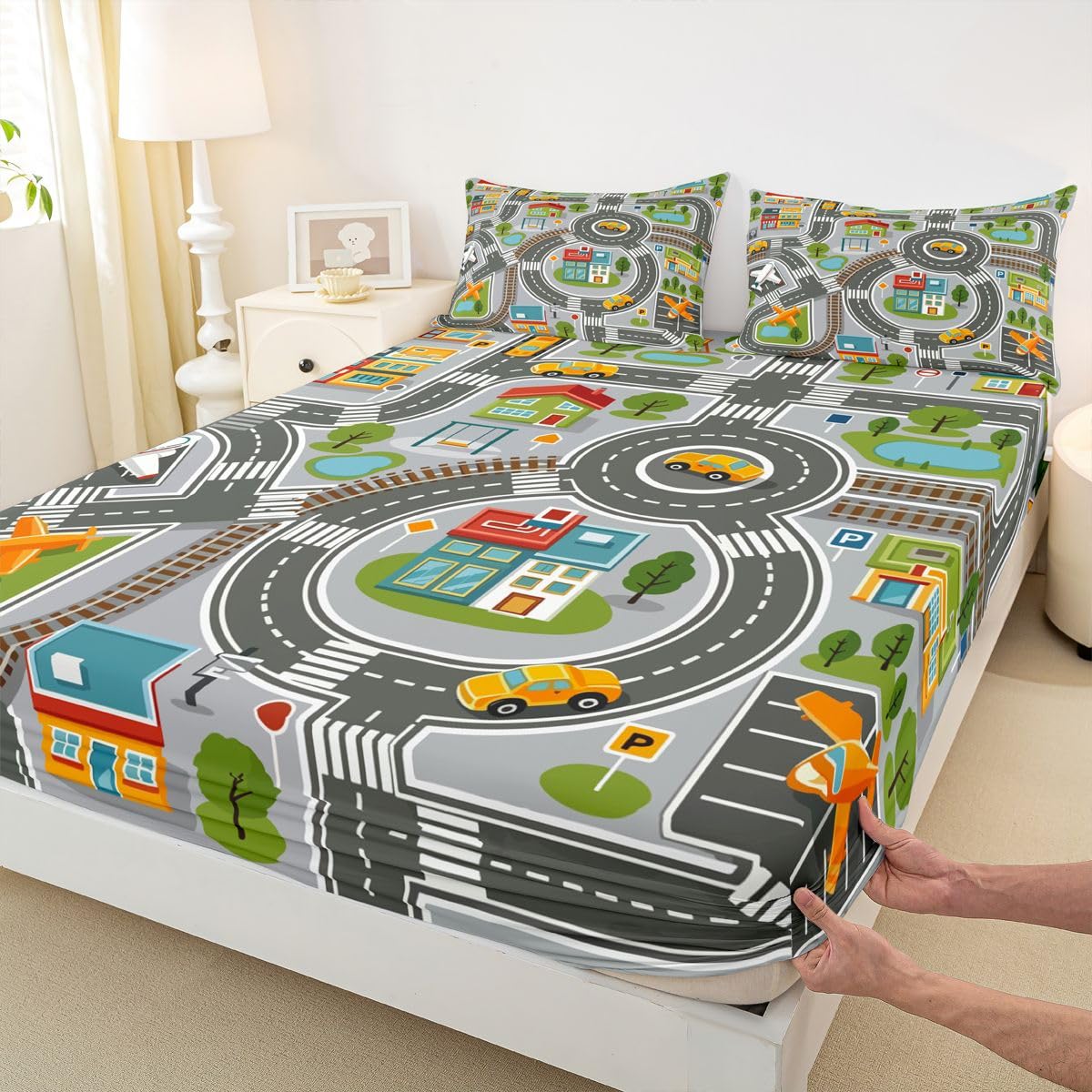 Manfei City Traffic Map Fitted Sheet Set Crossroad Street Airplane Bedding Set for Kids Bedroom Cartoon Cute Car Building Bed Sheet Set 3pcs Deep Pocket Mattress Cover,No Top Flat Queen Gray Black