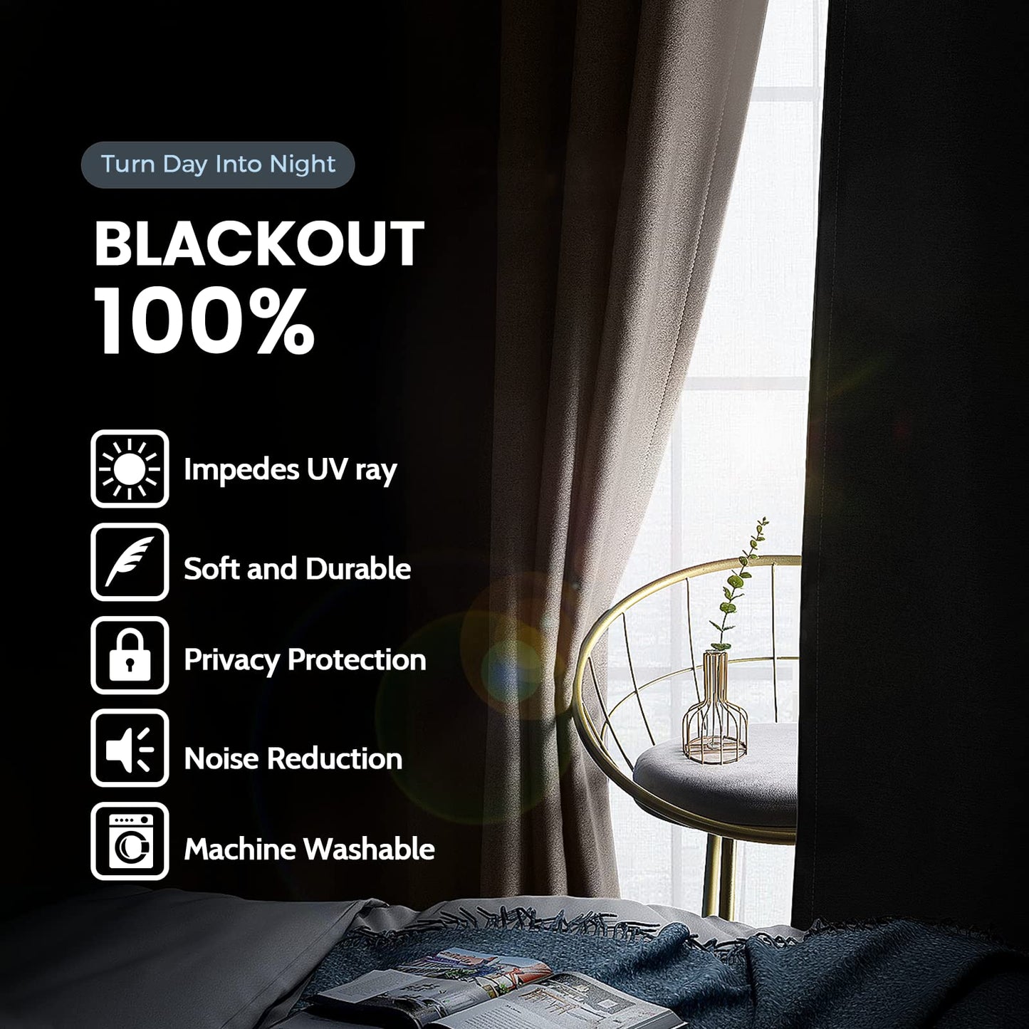 SimpleHome 100% Blackout Curtains for Bedroom,Thermal Insulated Grommet Window Drapes Room Darkening Cream Curtains for Living Room with Black Back,52 x 84 Inch,2 Panels