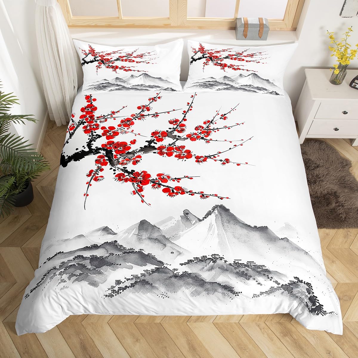 Japanese-Style Comforter Cover Red Cherry Blossoms Printed Bedding Set Mount Fuji Duvet Cover Ink Painting Black White Pattern Bedspread for Adult Women Teen Girls Soft Microfiber Quilt Set, Full