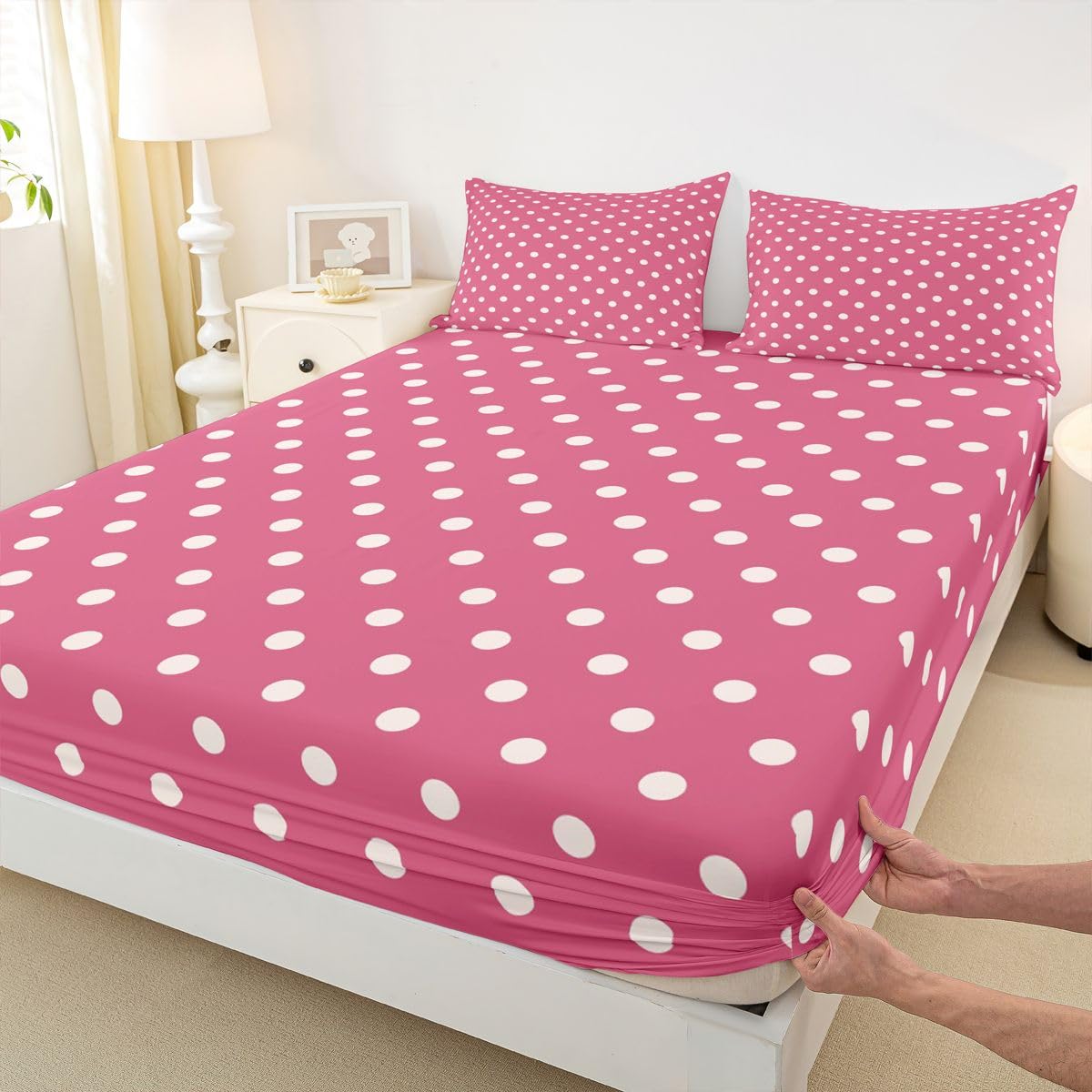 jejeloiu Pink White Polka Dot Fitted Sheet with 2 Pillowcases Full Size Retro Cute Polka Dot Bed Sheets Set 16" Deep Pocket Boys Girls Geometric Bedding Luxury Teens Bedroom Decor Breathable Soft