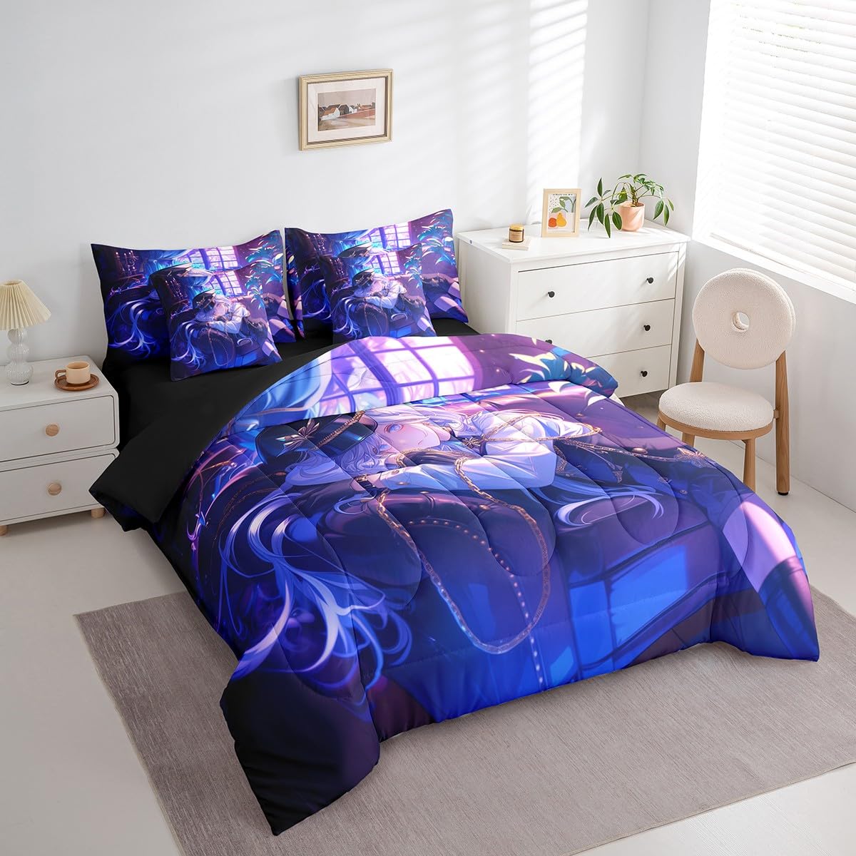 Anime Girl Comforter Set With Sheets Twin Size Japanese Anime 7 Piece Bedding Set For Kids Boys Teens Women Bedroom Decor, Cartoon Girl Bed In A Bag Japanese Animation Kawaii Bed Sets, Purple