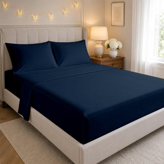 SlumberWell King Sheet Set, 4 Piece Microfiber Sheets, Extra Deep Pocket (18–24 Inch), Fits Thick Mattress, Soft Breathable & Wrinkle-Resistant, Navy Blue