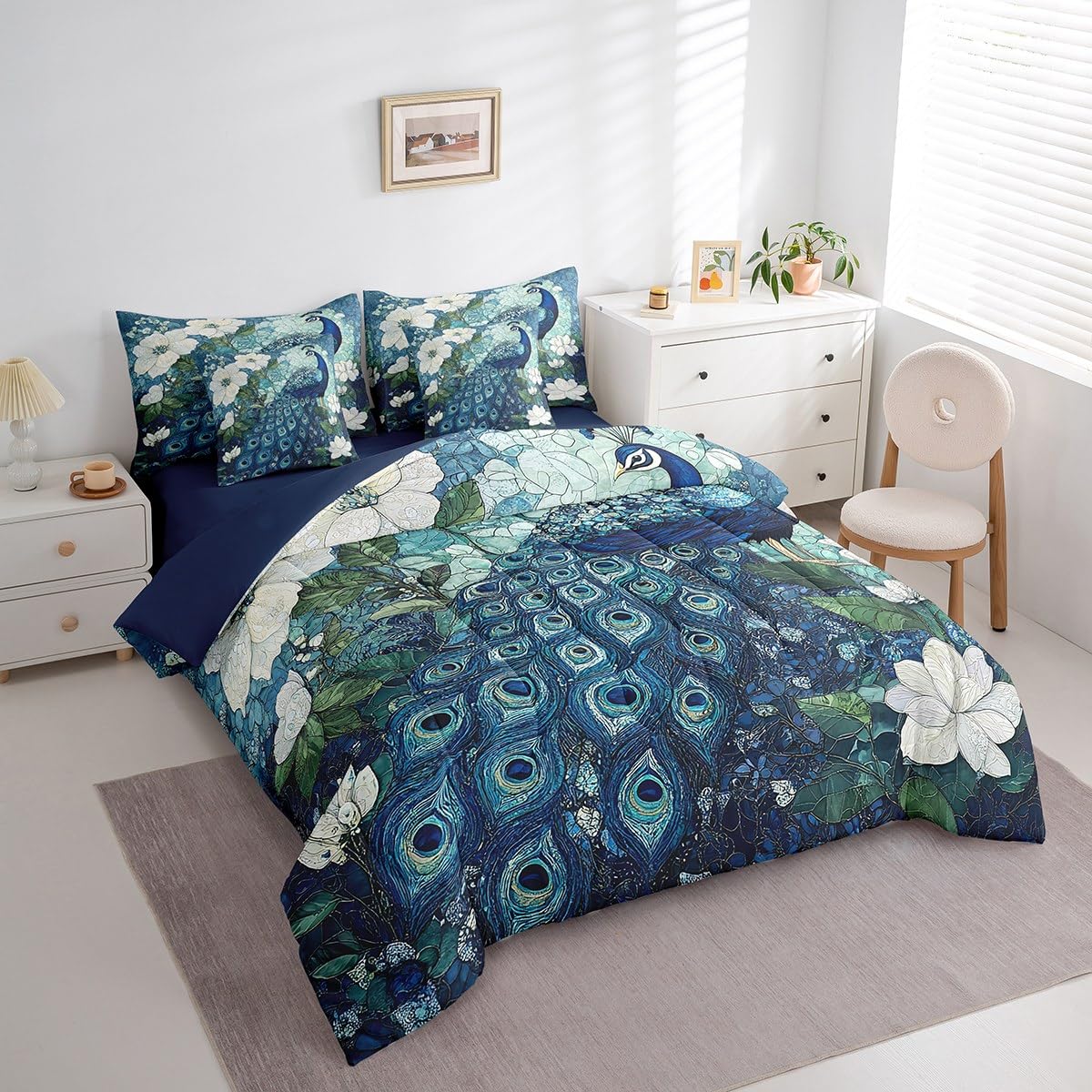 Erosebridal Teal Peacock Bedding Set for Kids Teens,Elegant Bird Comforter Set King Size,Oil Painting Floral (Comforter+Fitted+Flat Sheet+2 Pillowcases+2 Throw Pillow Covers) 7 Pieces Bed Set