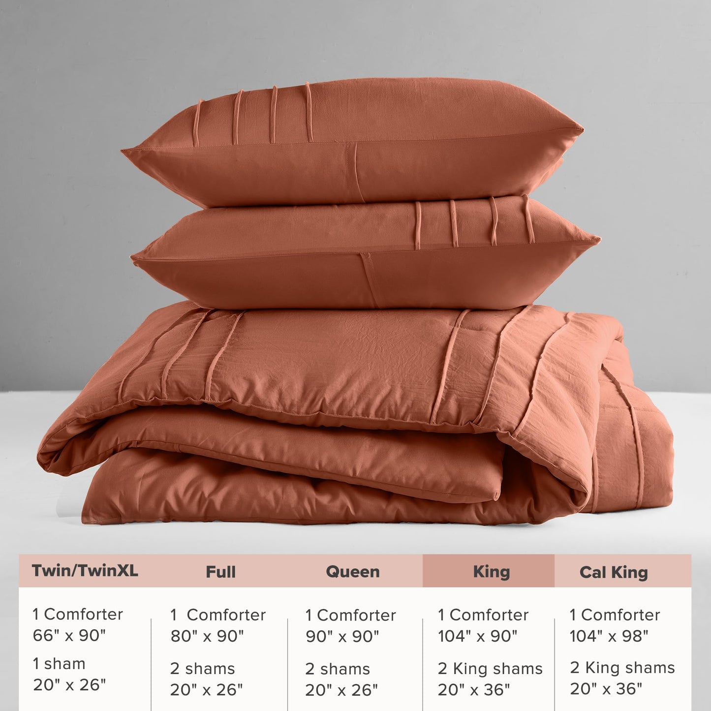 Comfort Spaces Clay King Size Comforter Set - 3 Pieces Pintuck Pleated Bedding Sets, All Season Lightweight, Extra Softness Pre-Washed Microfiber King Bed Set, Shams, King