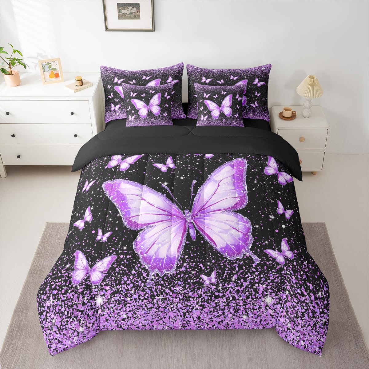 Feelyou Purple Butterfly 7 Piece Bedding Set Glitter Print Comforter Set with Sheets for Kids Boys Girls Pretty Animal Bed in a Bag Beautiful Butterfly Bed Set Soft Lightweight