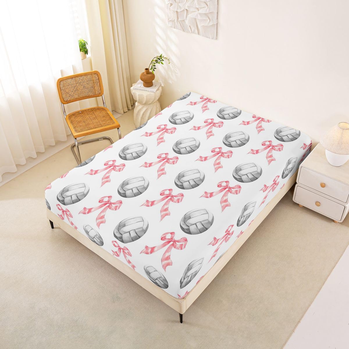 Castle Fairy Pink Bowknots Fitted Sheet Queen Size (No Flat),Cartoon Volleyball Bedding Sets 3Pcs,Girls Boys Adult Room Decor,Sports Theme Bed Cover Cute Kawaii Deep Pocket Sheet,2 Pillowcases