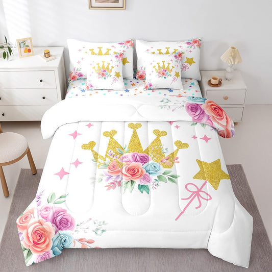 jejeloiu Golden Crown Comforter Set with Sheets Queen Size Kids Glitter Rose Floral 7 Pieces Bedding Set for Boys Girls Teens Dreamy Princess Decor Bed in a Bag Breathable Magic Bedroom Decor