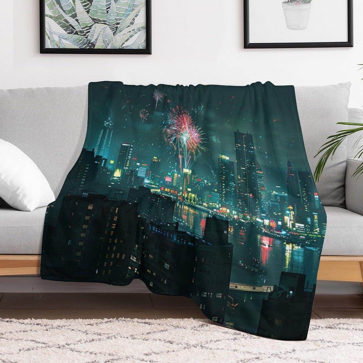 HDESDIS City Skyline Scenery Throw Blanket, Soft Cozy Night Starry Fireworks Building Blanket for Couch, Sofa, Bed, Warm Decorative Blanket for Women and Men, 50"x60"