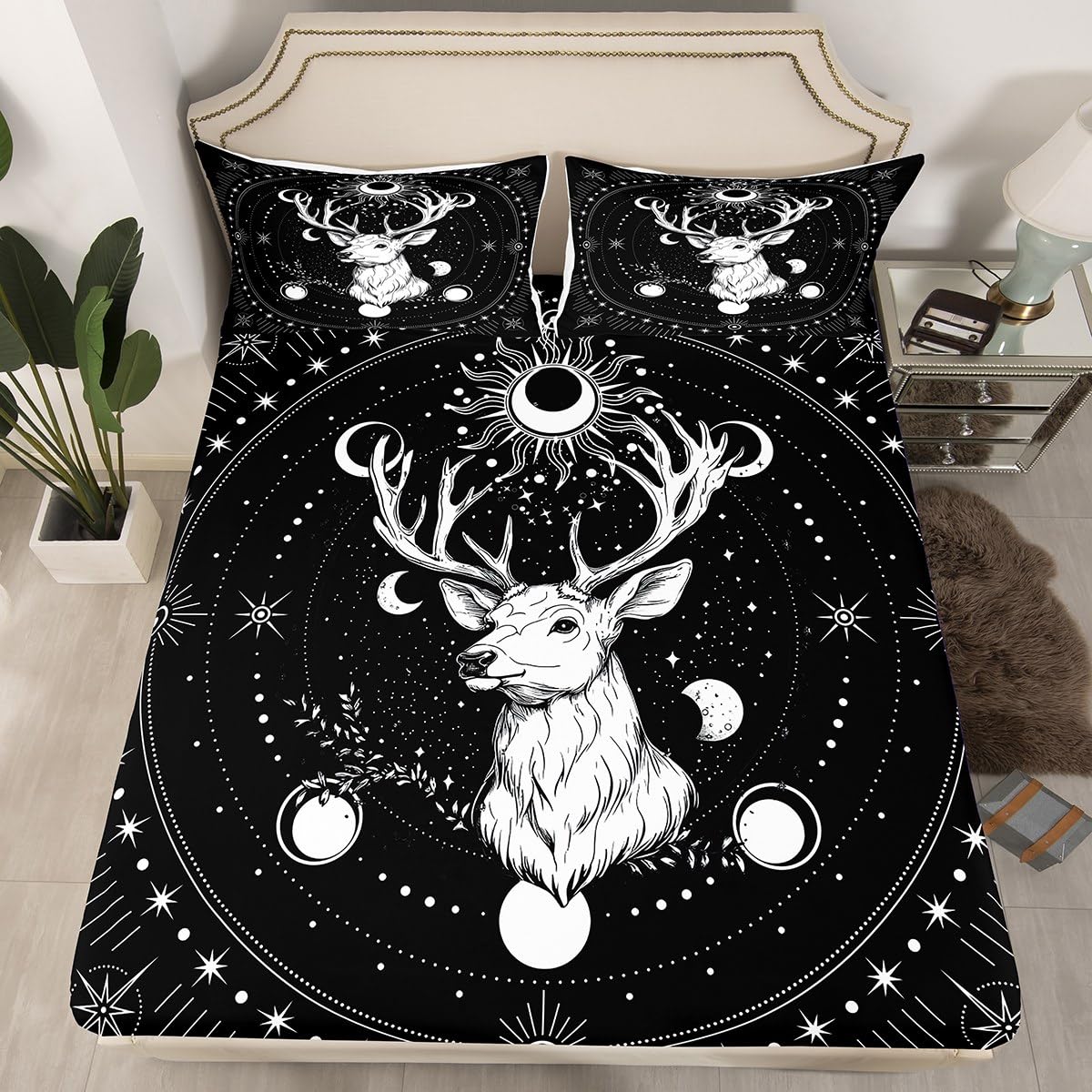 jejeloiu Deer Bed Sheets Set for Kids Boys Girls Twin Size Sun Moon Fitted Sheet Cosmic Celestial Bedding Set Western Bed Cover Room Decor Boho Exotic