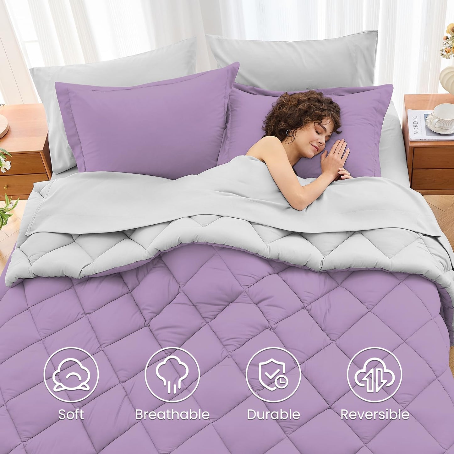 MUXHOMO 7 Pieces California King Comforter Set, Reversible Bed in a Bag Cal King Size, All Season Bedding Set with Comforter, Flat Sheet, Fitted Sheet, Pillowcases & Shams, Greyish Purple & Light Grey