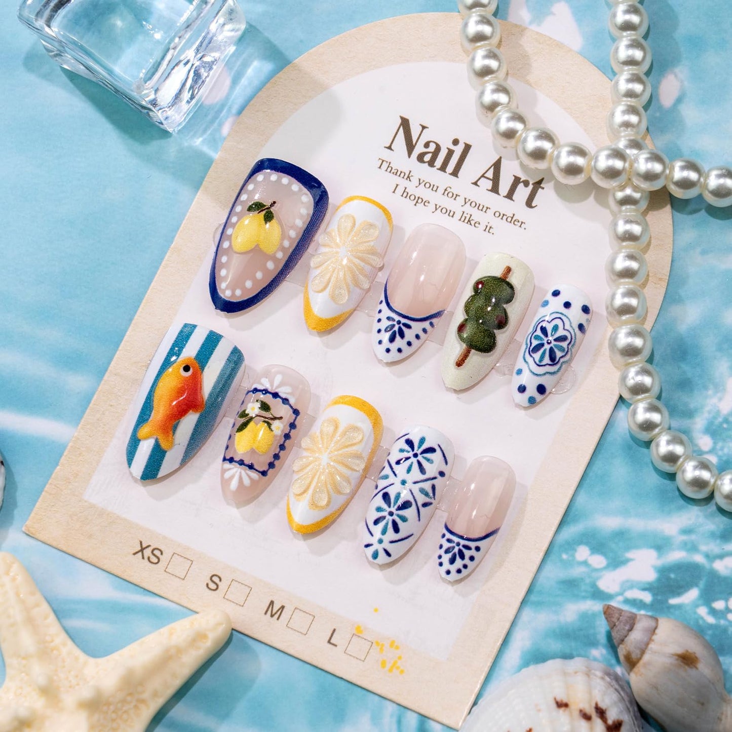 24Pcs Cute Lemon Press on Nails Medium Fake Nails French Almond Manicure, Artificial Acrylic Nails French Tips Stick on Nails Light Nude Fake Fingernail Summer False Nails for Women Nail Decoration