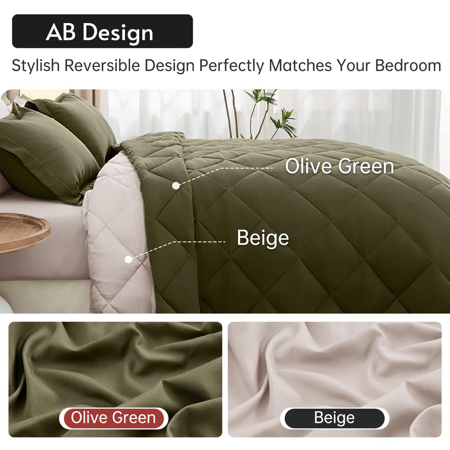 MUXHOMO 7 Pieces California King Comforter Set, Reversible Bed in a Bag Cal King Size, All Season Bedding Set with Comforter, Flat Sheet, Fitted Sheet, Pillowcases & Shams, Olive Green & Beige