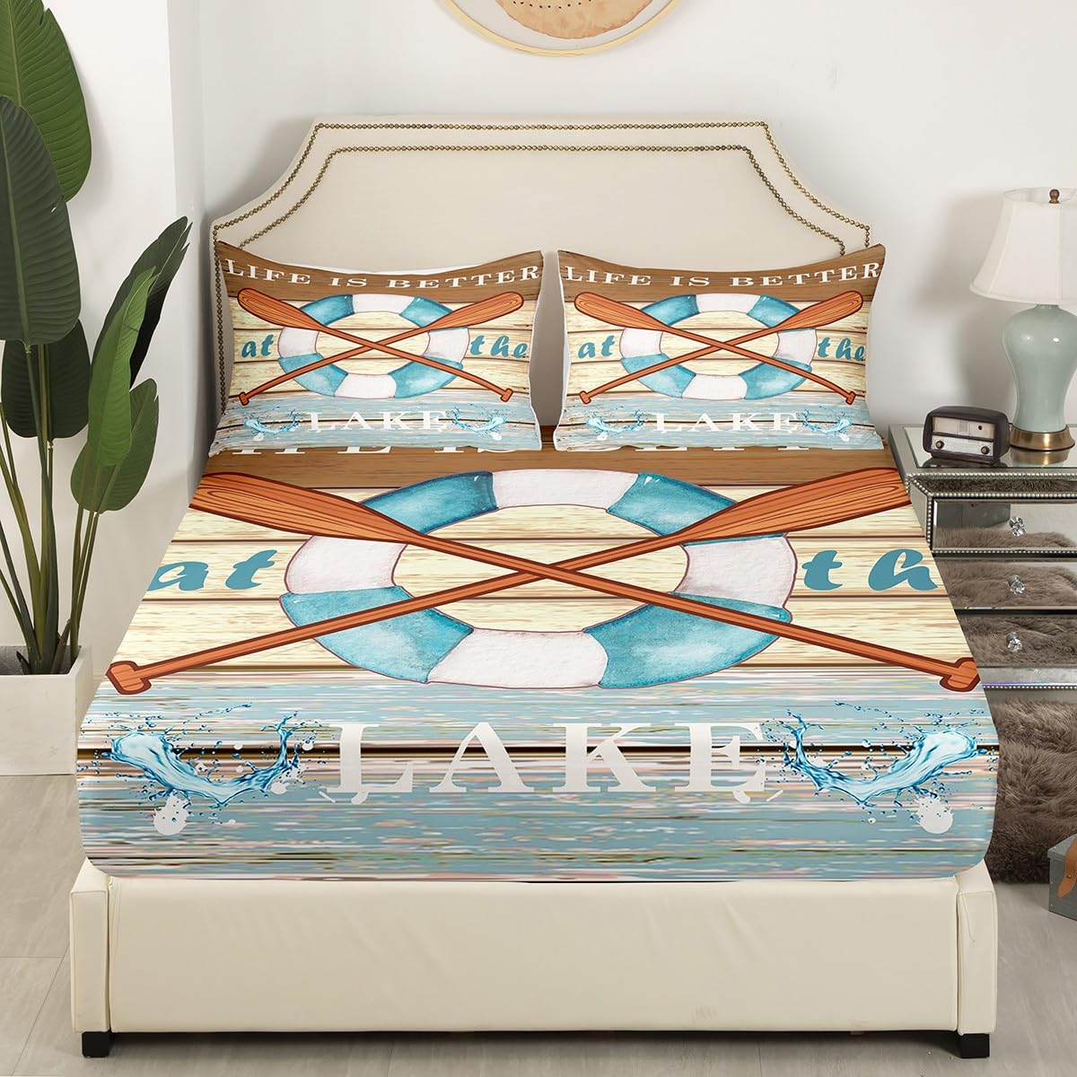 Lake House Fishing Kids Fitted Sheet Twin Size,Adventure Camping Boating Nature Bedding Set,Boys Girls Room Decor,Woode Plank Rustic Retro Bed Cover,Blue Beige Bed Sheet,1 Pillowcase(No Top Sheet)