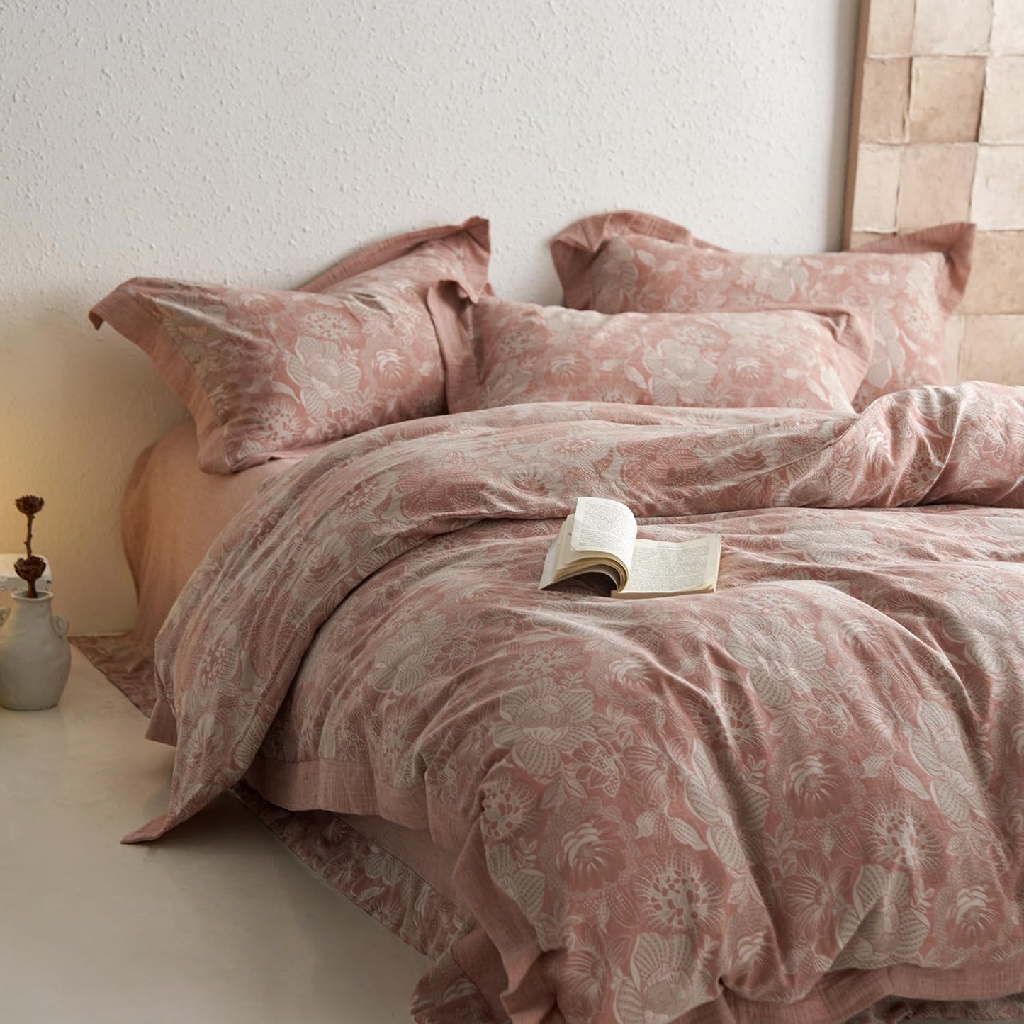 mixinni Duvet Cover King, Premium Cotton Double-Layer Yarn Pink Floral Jacquard Comforter Cover with Edge Design, Farmhouse Bedding Set with 2 Pillowcases Perfect for Him and Her-King Size