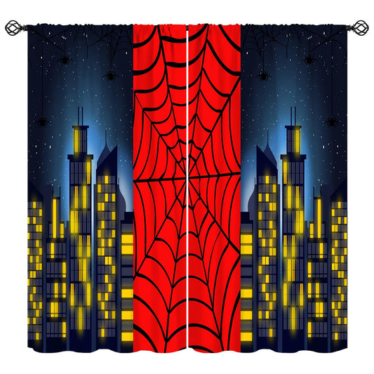 Djaby Spider Web Curtains, Red Scary Spider Web Super Hero Window Treatments Drapes for Kids Baby Nursery Room Bedroom Living Room 42" W X 45" L(No Blackout)