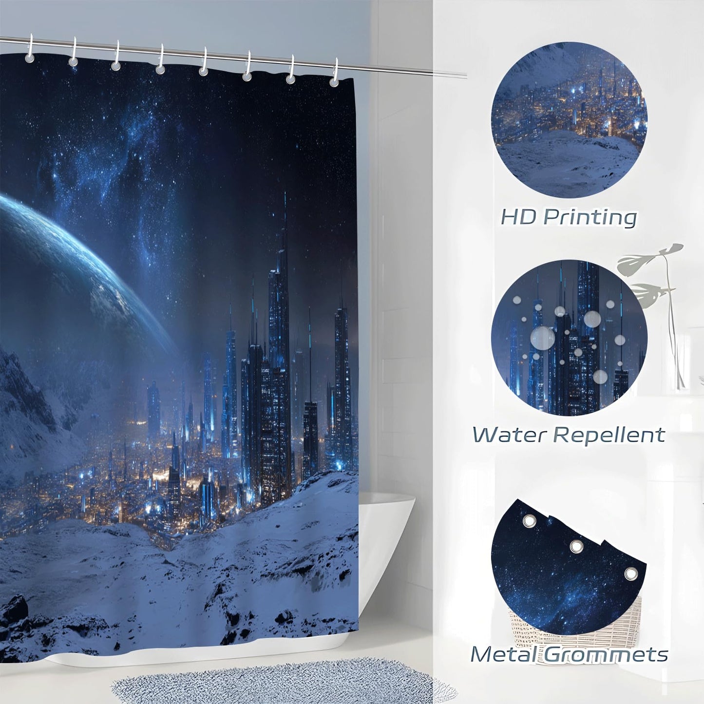 ZROLUW Blue Starry Sky Shower Curtain,48" W x 72" L Snow Mountain City Landscape Shower Curtains for Bathroom, Fabric Bath Curtain Sets Decor with Hooks