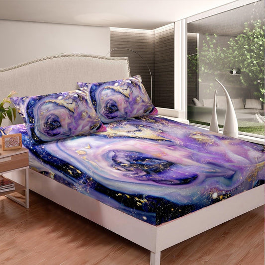 Feelyou Full Size Marble Bed Sheet Set Purple Gold Marble Printed Bed Sheets Modern Marble Pattern Bedding Set for Kids Women Adults Super Soft Luxury Lightweight Fitted Sheet Abstract Art Sheet Set