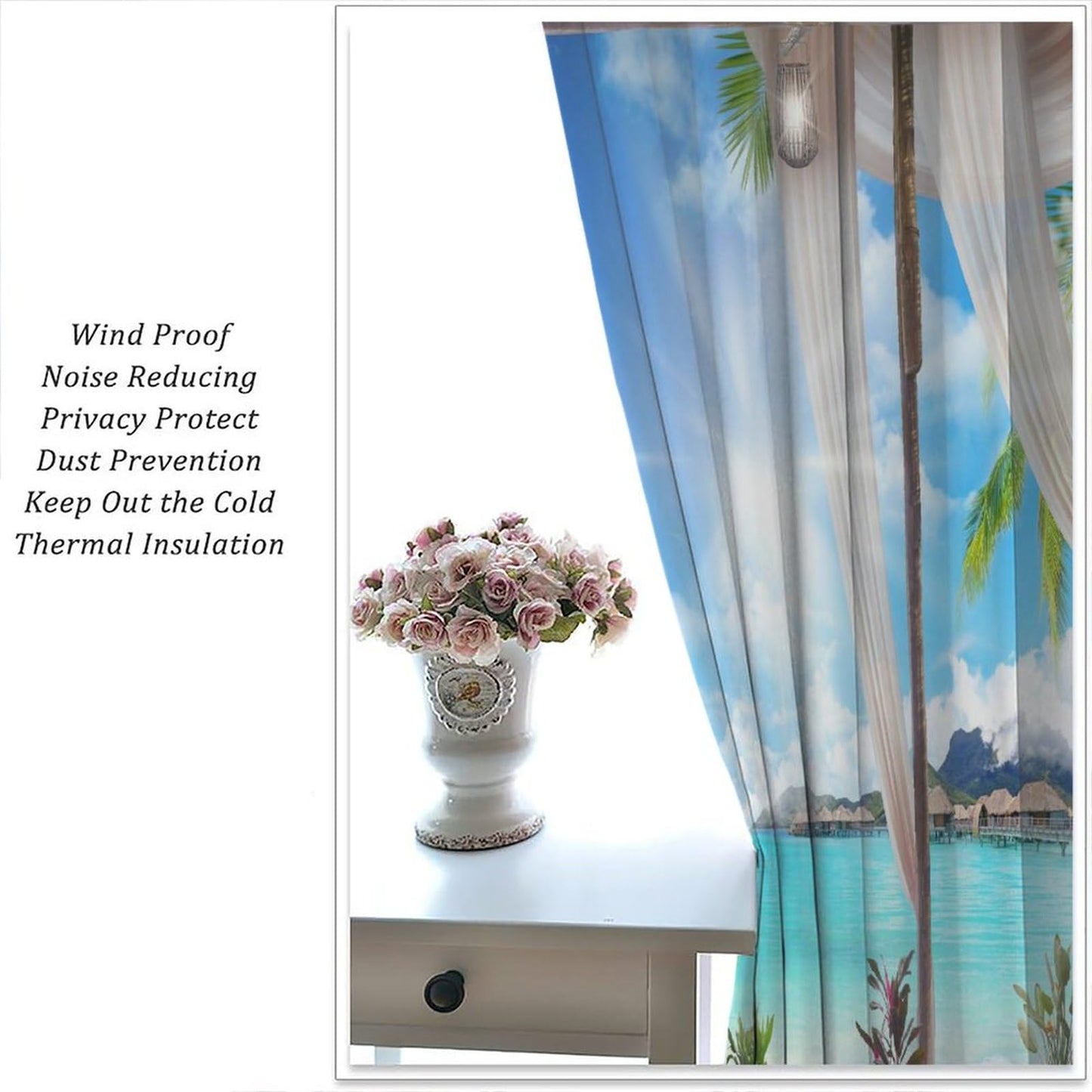 Nitmbi Sunlight Beach Curtains,Tropical Ocean Sea Island Palm Tree Summer Scape Pattern Drapes Window 2 Panel Rod Pocket Curtain for Bedroom Living Room Decor 42" W X 45" L