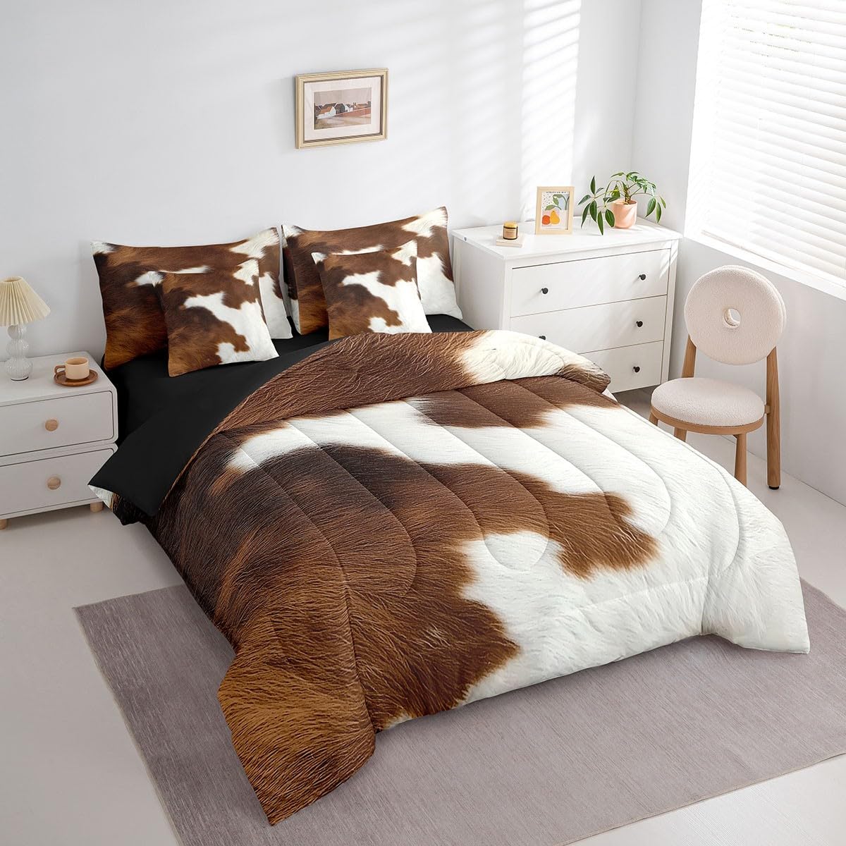 Erosebridal Cute Cow Print King Bedding Set 7 Piece for Boys Brown White Cowhide Bed in A Bag for Kids Teens Youth Adult Wildlife Animal Skin Comforter Set with Sheetwestern Cowboy Bed Sets