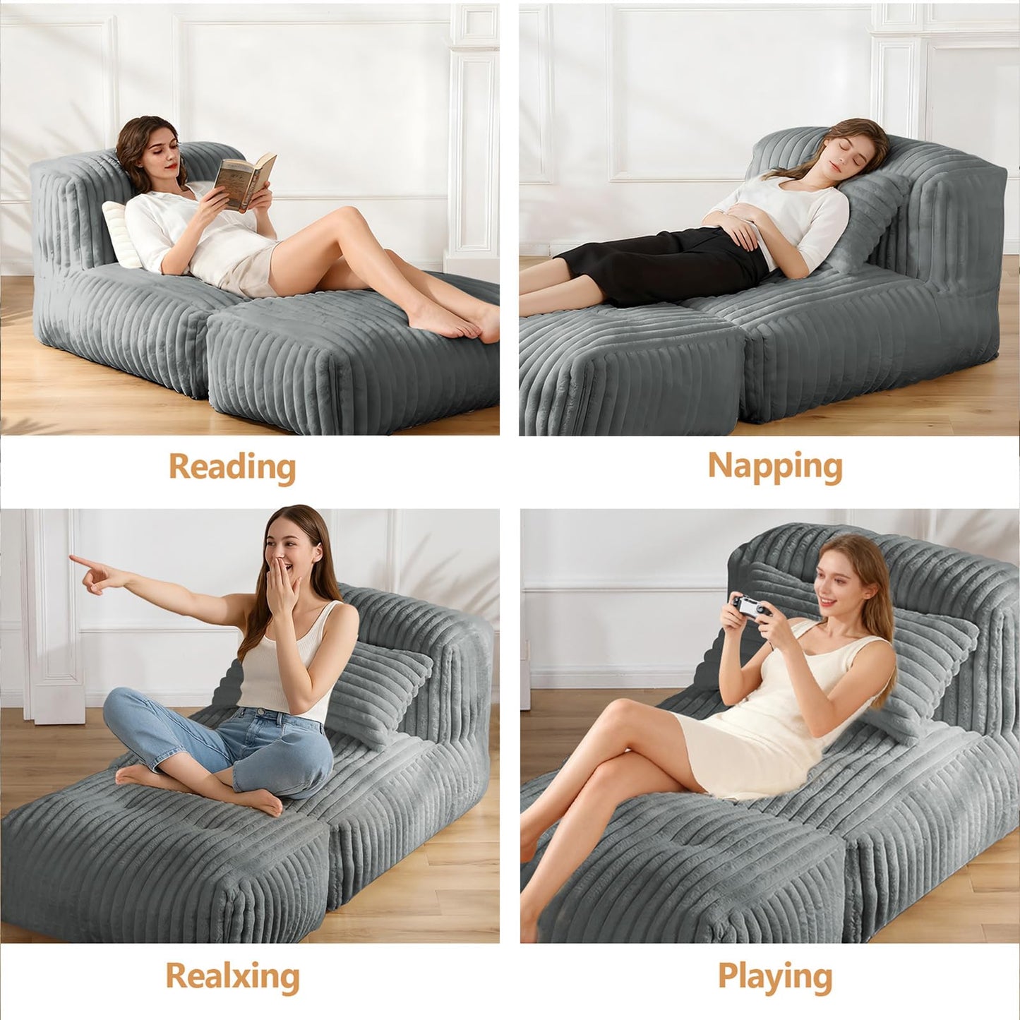 Big Bean Bag Lounger Sofa with Pillow, Large Bean Bag Chairs for Adults, Oversized Beanbag Sofa, Comfy Bean Bag Couch with Memory Foam Filled for Living Room, Bedroom, Gray