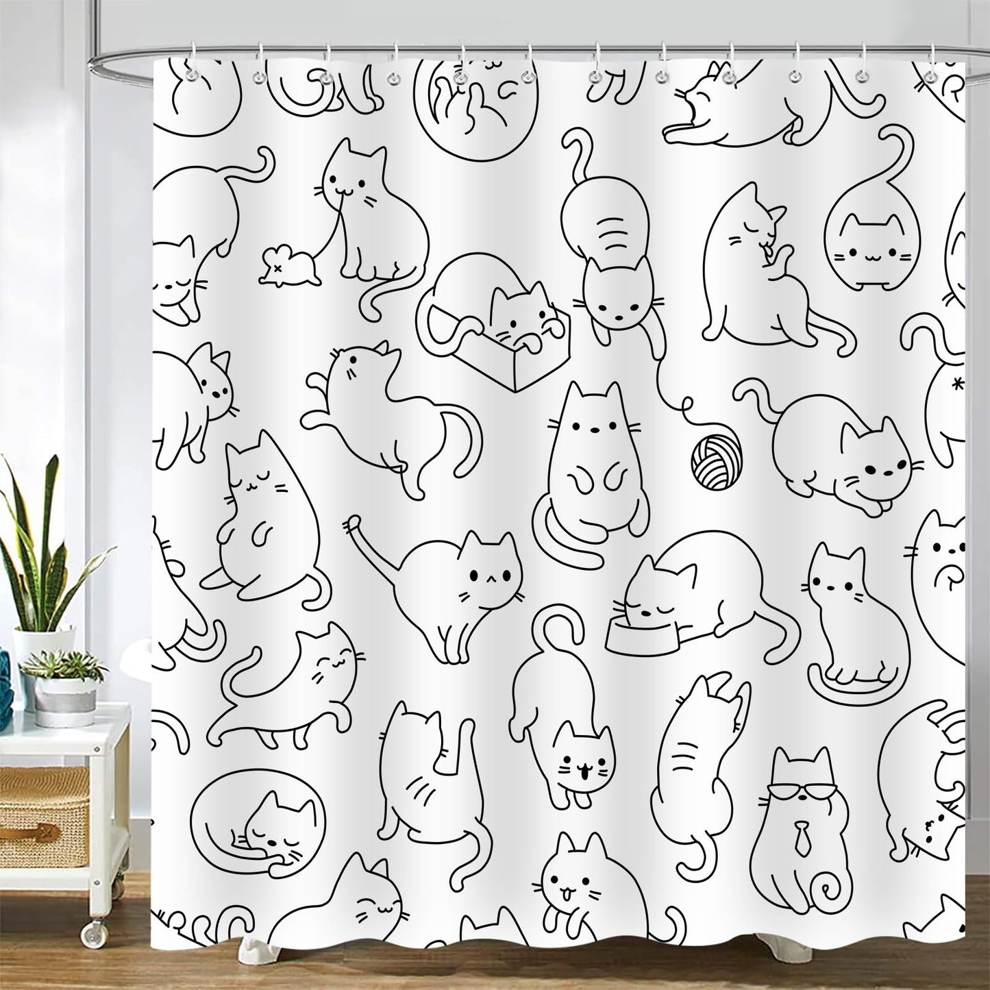 Emwnodti Cat Shower Curtain, Black and White Cute Cats Funny Bath Curtain Decor, Cute Shower Curtian for Kid, Polyester Fabric Waterproof Durable Bathroom Accessories Set with 12 Hooks 72x72 in