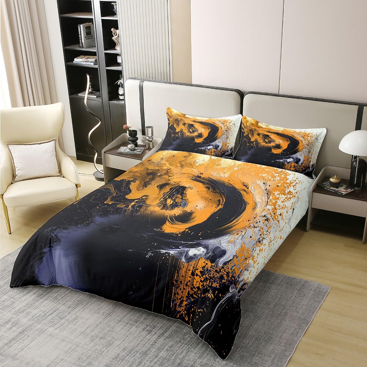 jejeloiu Lemon Yellow Duvet Cover 100% Cotton King Size Kids Abstract Geometric Comforter Cover for Boys Girls Teens Modern Art Bedding Set Breathable Soft Room Decor