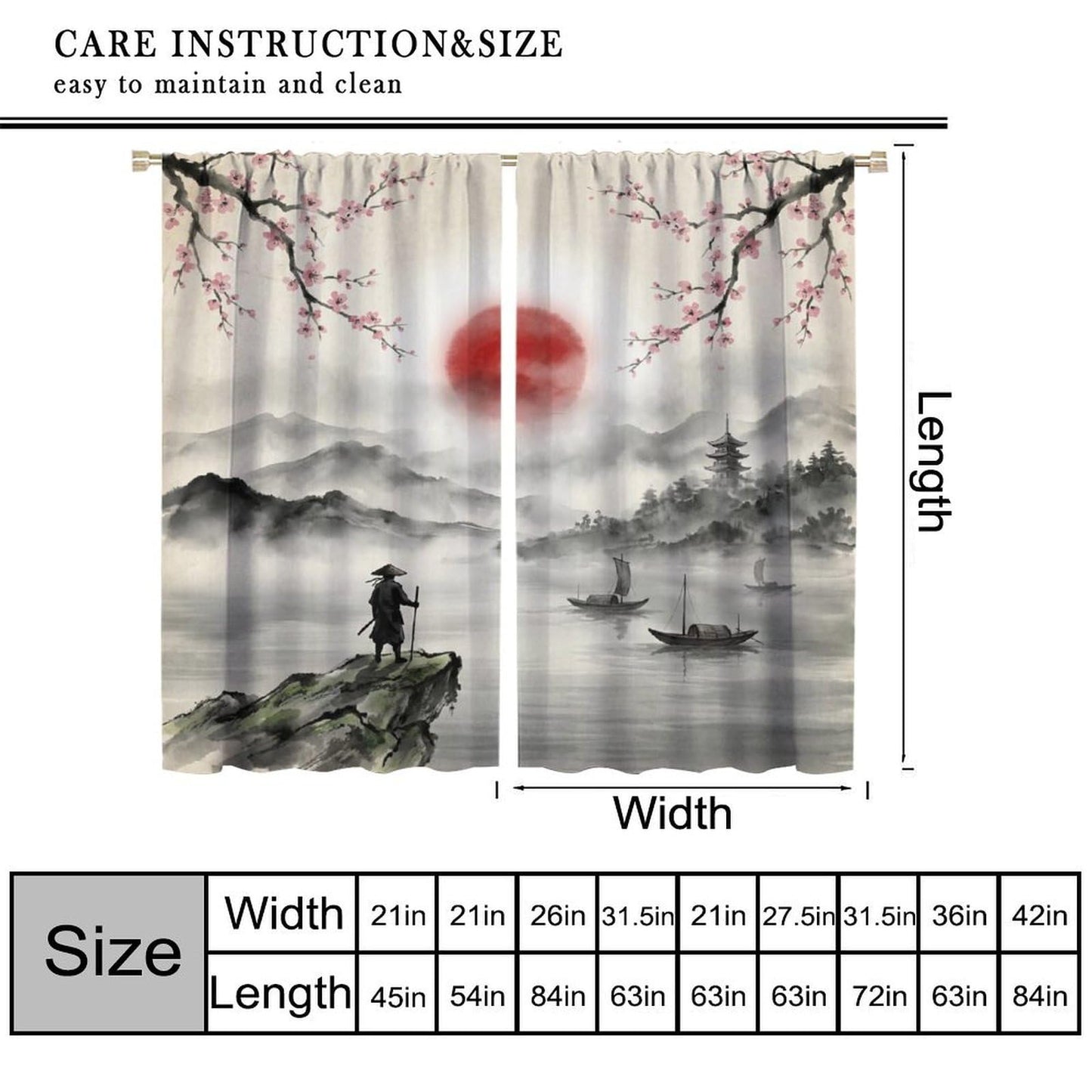 Nsbul Japanese Samurai Curtains, Ink Wash Cherry Blossom Misty Mountain Pagoda Lake Boat Oriental Window Drapes for Bedroom Living Room Home Decor, 42" W X 45" L（No Blackout