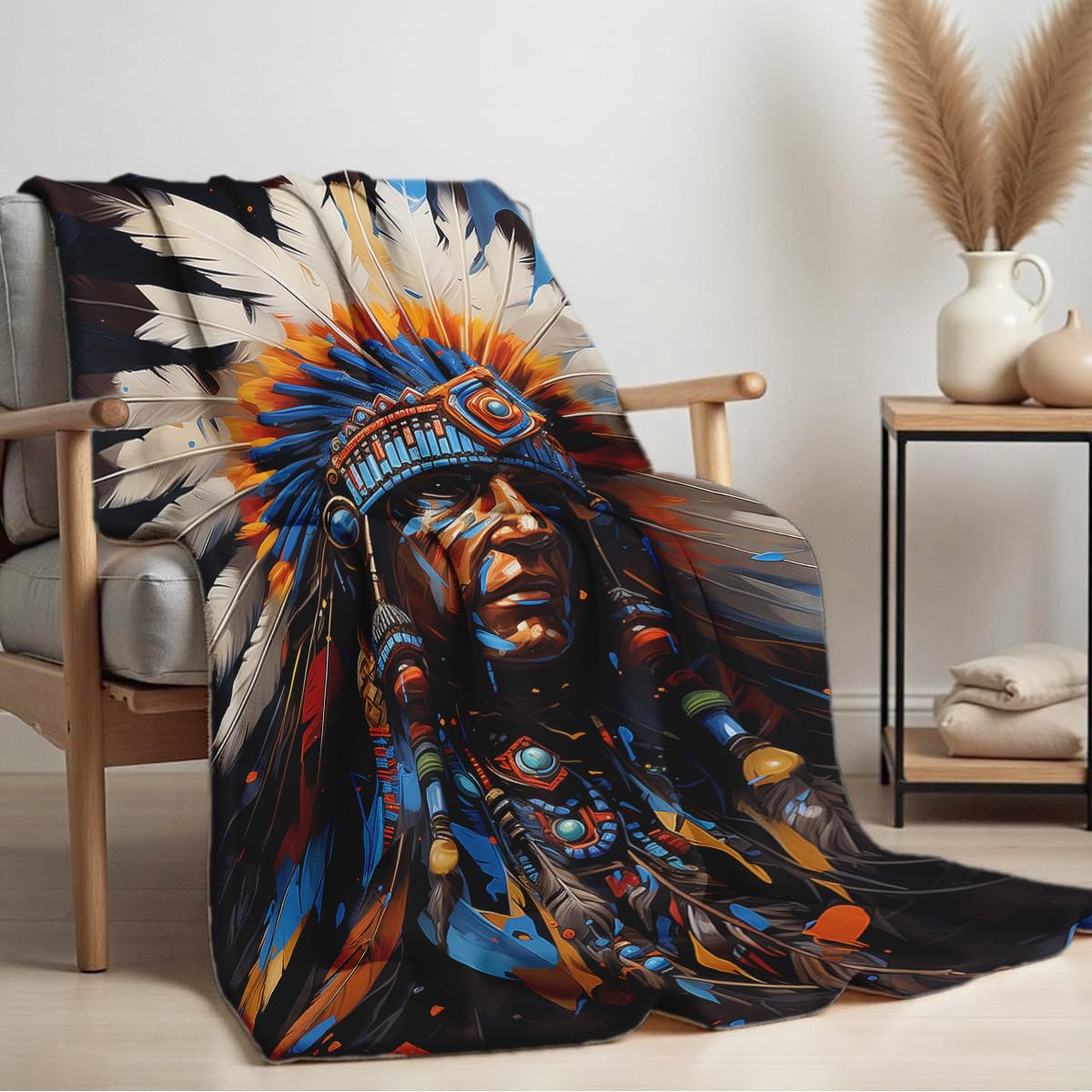 HUNXIAOJ Native American Flannel Blanket Indian Tribal Chief Print Blanket Throw for Couch Bed Soft Bedding Decor Native American Gifts for Boys Men Adults (49"x59")