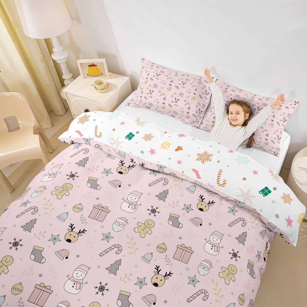 Merry Christmas Bedding Sets Twin Size,Cute Snowman Deer Duvet Cover Set 2Pcs for Kids Girls Boys Adult Room Decor,Cartoon Santa Claus Comforter Cover Pink Snowflake Quilt Cover,1 Pillowcase