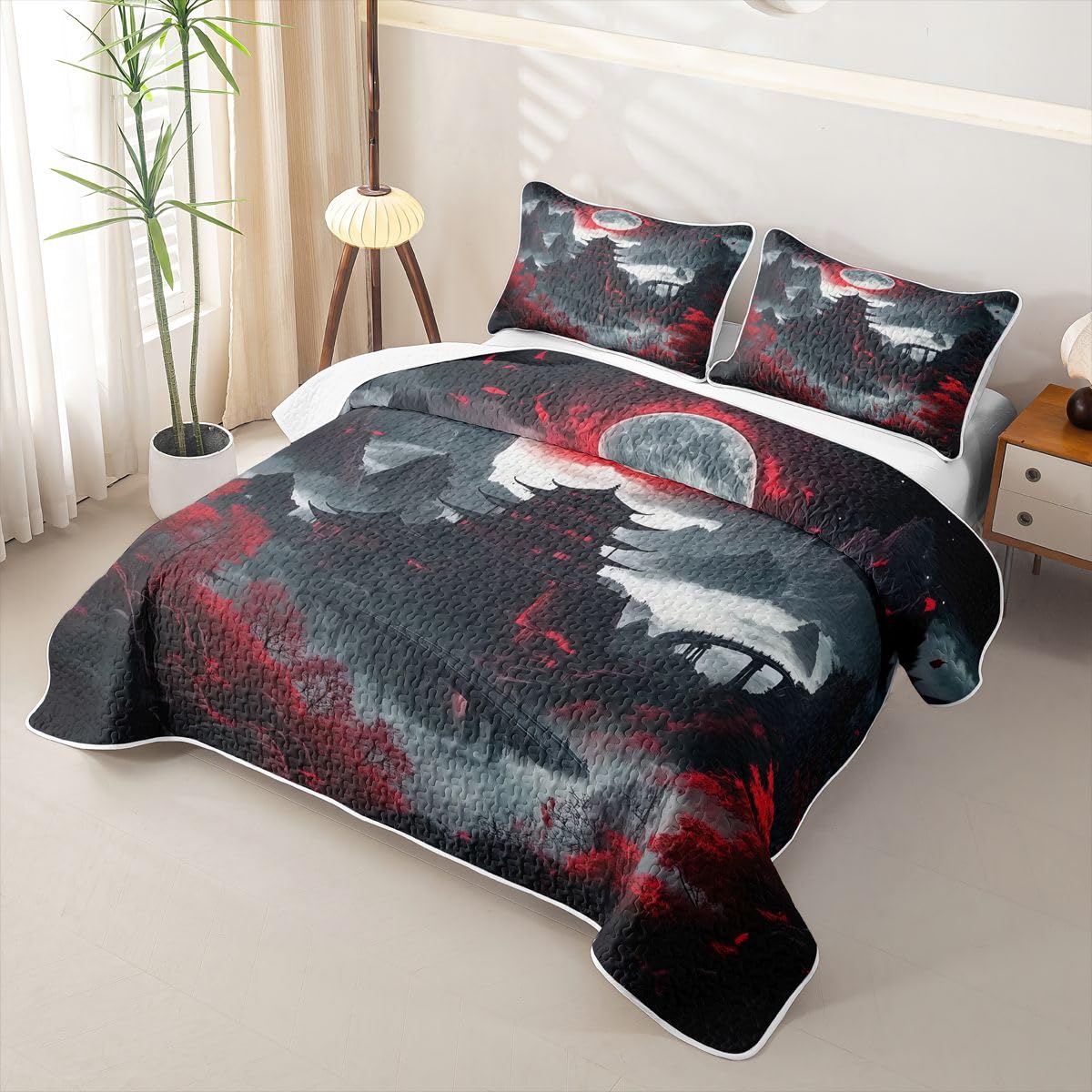 Erosebridal Japanese Anime Twin Quilt Bedding Set Moon Cherry Blossom Summer Lightweight Bedspread Vintage Nature Mountain Coverlet for Kids Adults Red Black Quilted Comforter 2 Pieces