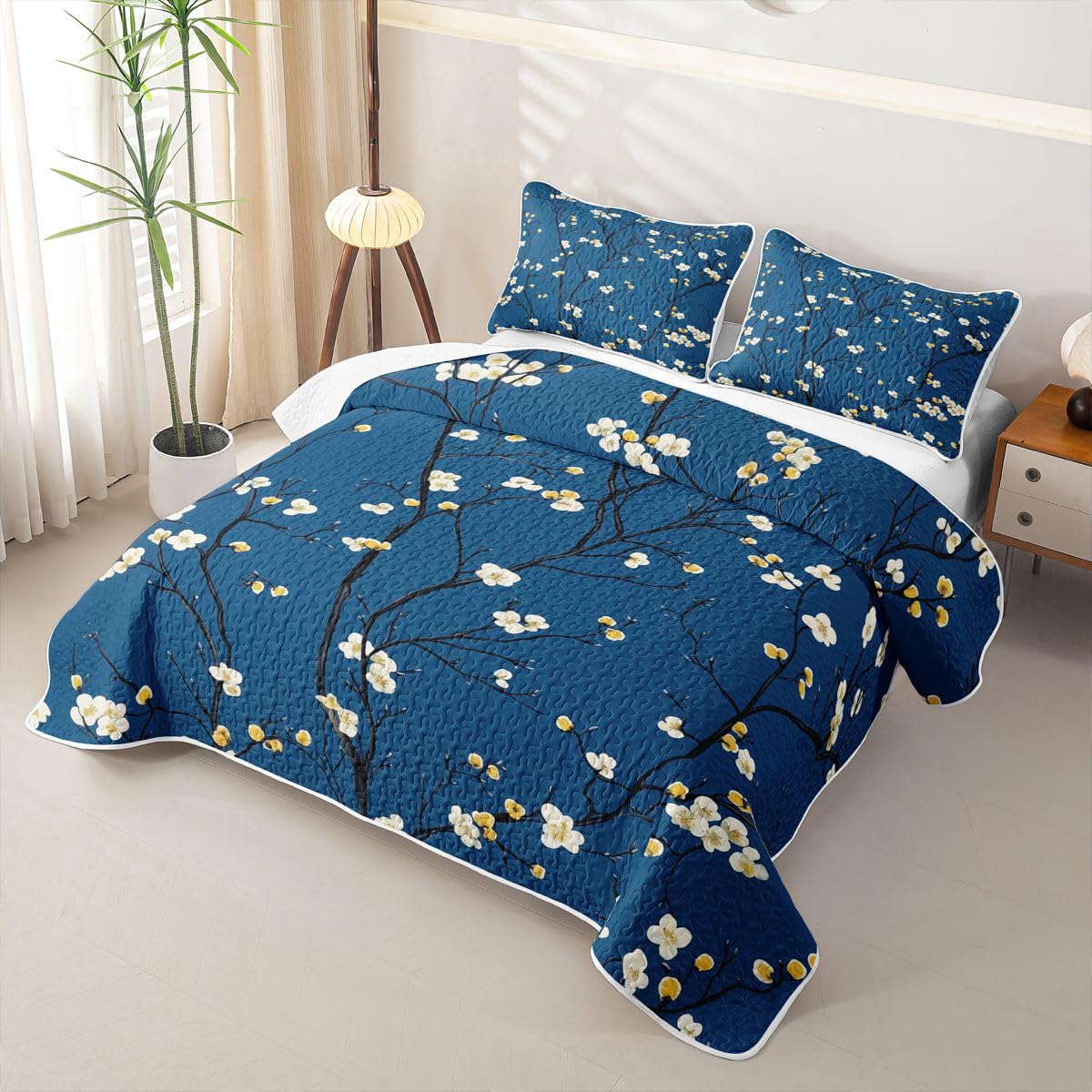 Erosebridal Spring Flowers Quilts Twin Size - Japanese Cherry Blossom Bedspread Coverlet Set, Floral Decor Quilt Coverlets 2Pcs (Only 1 Pillowcase)