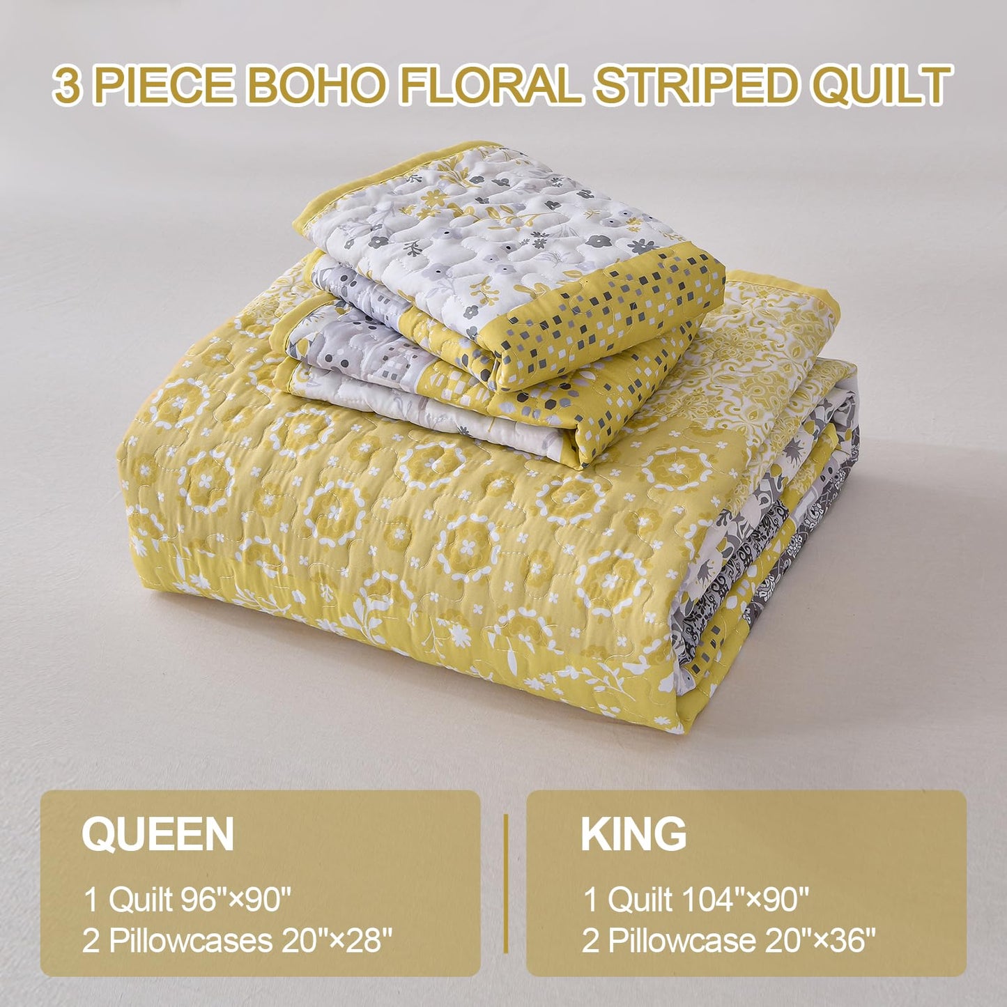 WONGS BEDDING Boho Quilt Set Queen, Yellow Bohemian Striped Patchwork Bedspread Coverlet Set with 2 Pillowcases, Microfiber Floral Bedding Set 96''×90''