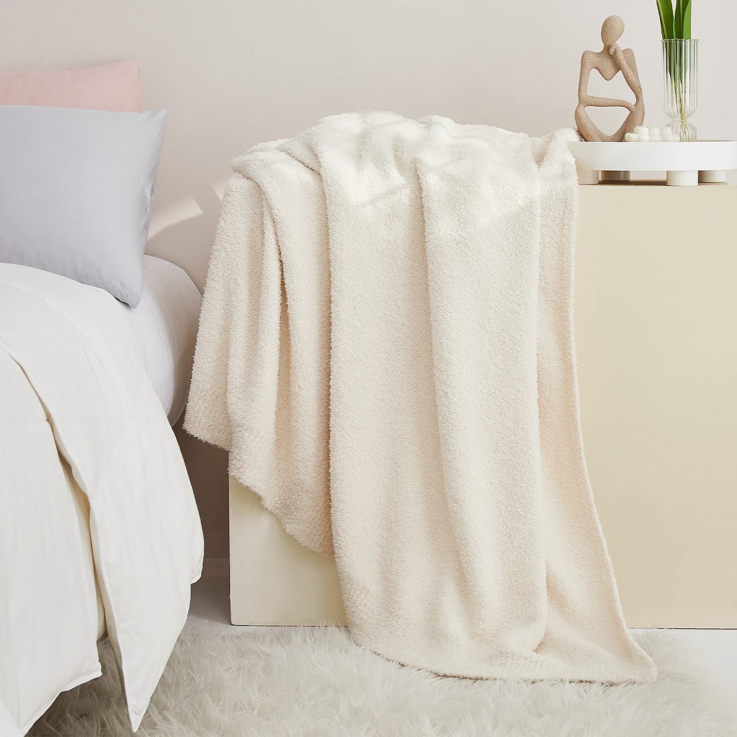CYMULA Knit Throw Blanket for Couch Cream White - Super Soft Lightweight Plush Fuzzy Fluffy Cozy Blankets and Throws for Sofa Bed, 50 x 60 inches