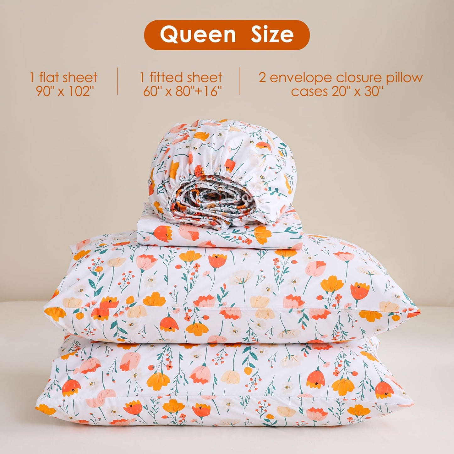JSD Tulip Floral Sheet Set Queen Size, 4 Piece Spring Printed Microfiber Bed Sheets Deep Pocket