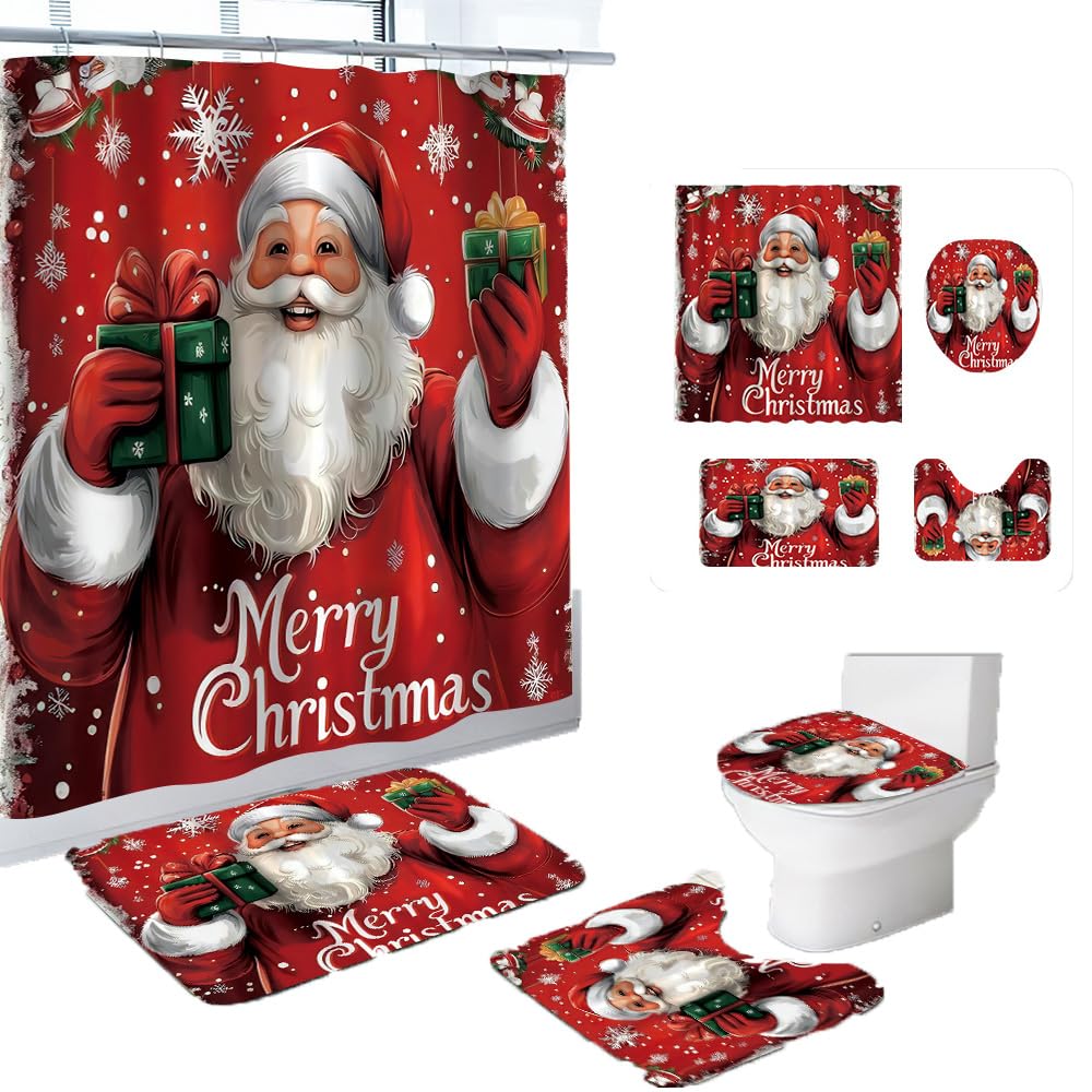 Czrqvyx Merry Christmas Shower Curtain Sets for Bathroom,Red Santa Claus with Non-Slip Rugs Toilet Lid Cover and Bath Mat 12 Hooks Waterproof 4 PCS Bathroom Decor Set for Christmas Decor