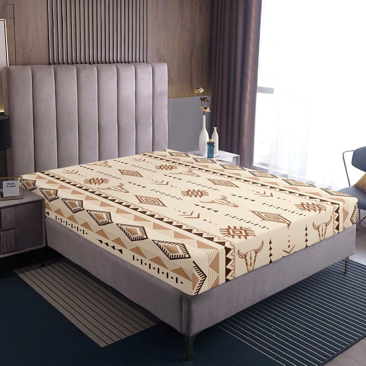 Erosebridal Bohemian Aztec Bed Sheets Set Full Size, Western Bull Skull Flat Fitted Sheet for Girls Boys Women Men Bedroom, Geometric Farmhouse Bedding Set, Southwestern Native Bed Sets
