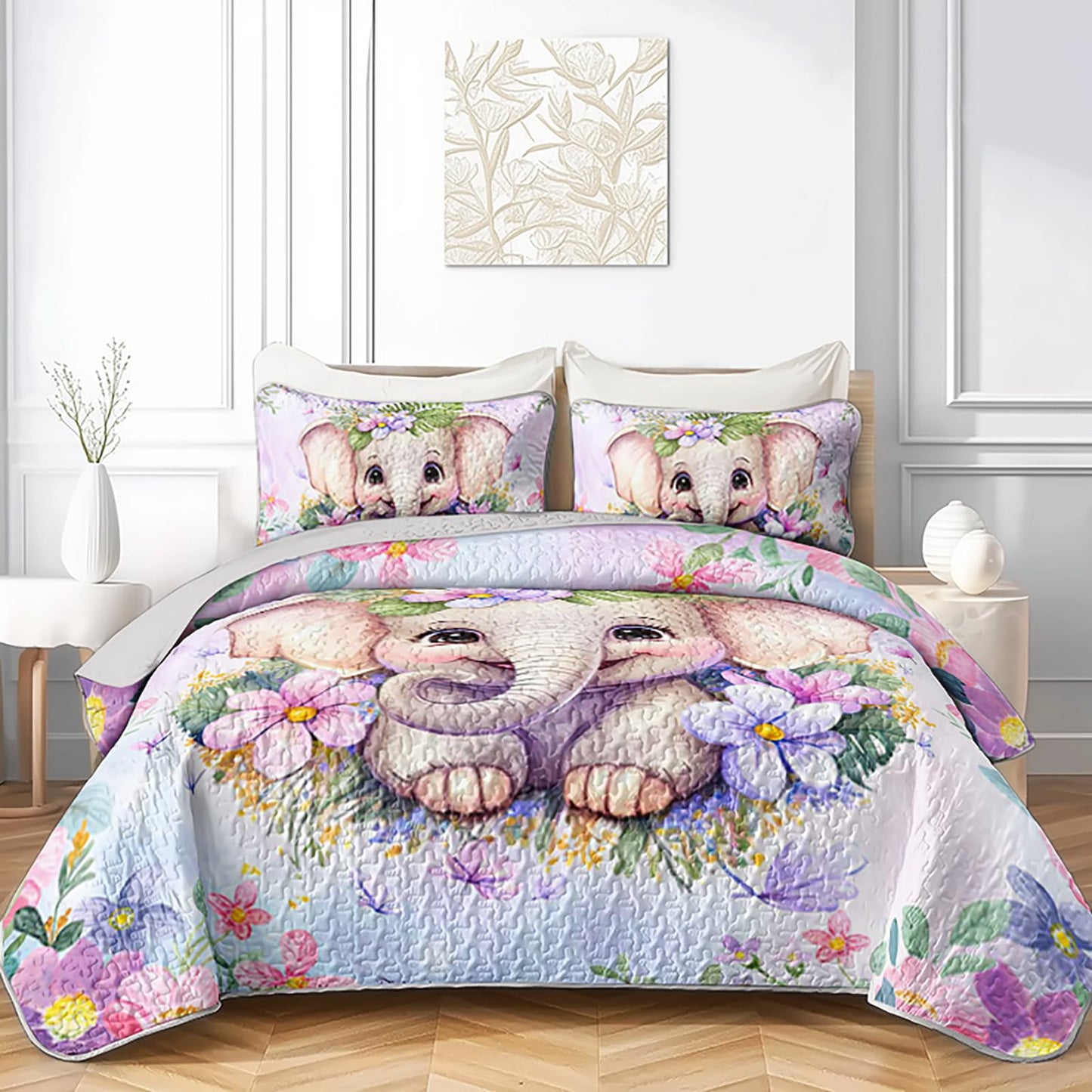 XYNHML Elephant Flowers Quilts Bedding Twin 3Pcs Wild Animals Pink Purple Kawaii Butterfly Quilt Bed Set Lightweight Soft Bedspreads Coverlet with 2 Pillowcases for Kid Boy Girl Teen Adult Bed Decor