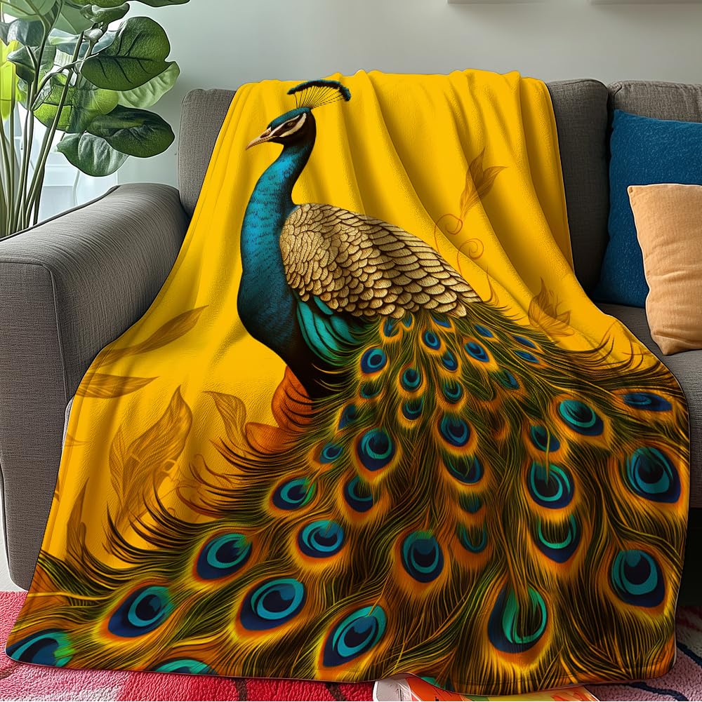 HUNXIAOJ Peacock Throw Blanket for Couch Peacock Themed Decor Animal Print Blanket King Size Soft Warm Flannel for Sofa Bed (50 in x 60 in)