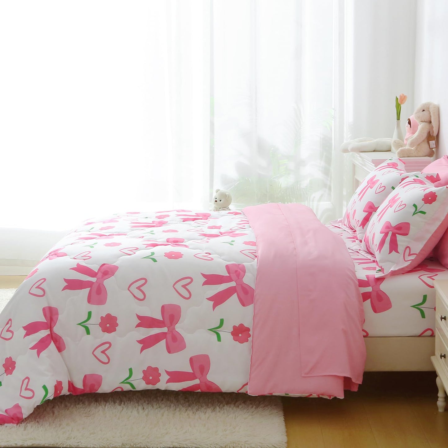 Jameswish Pink Bow Comforter 7 Pieces Comforter Set Full Size Pink Flower Bow Comforter for Girls Kids Romantic Princess Style Bow Tie Bedding Set Super Soft All Season