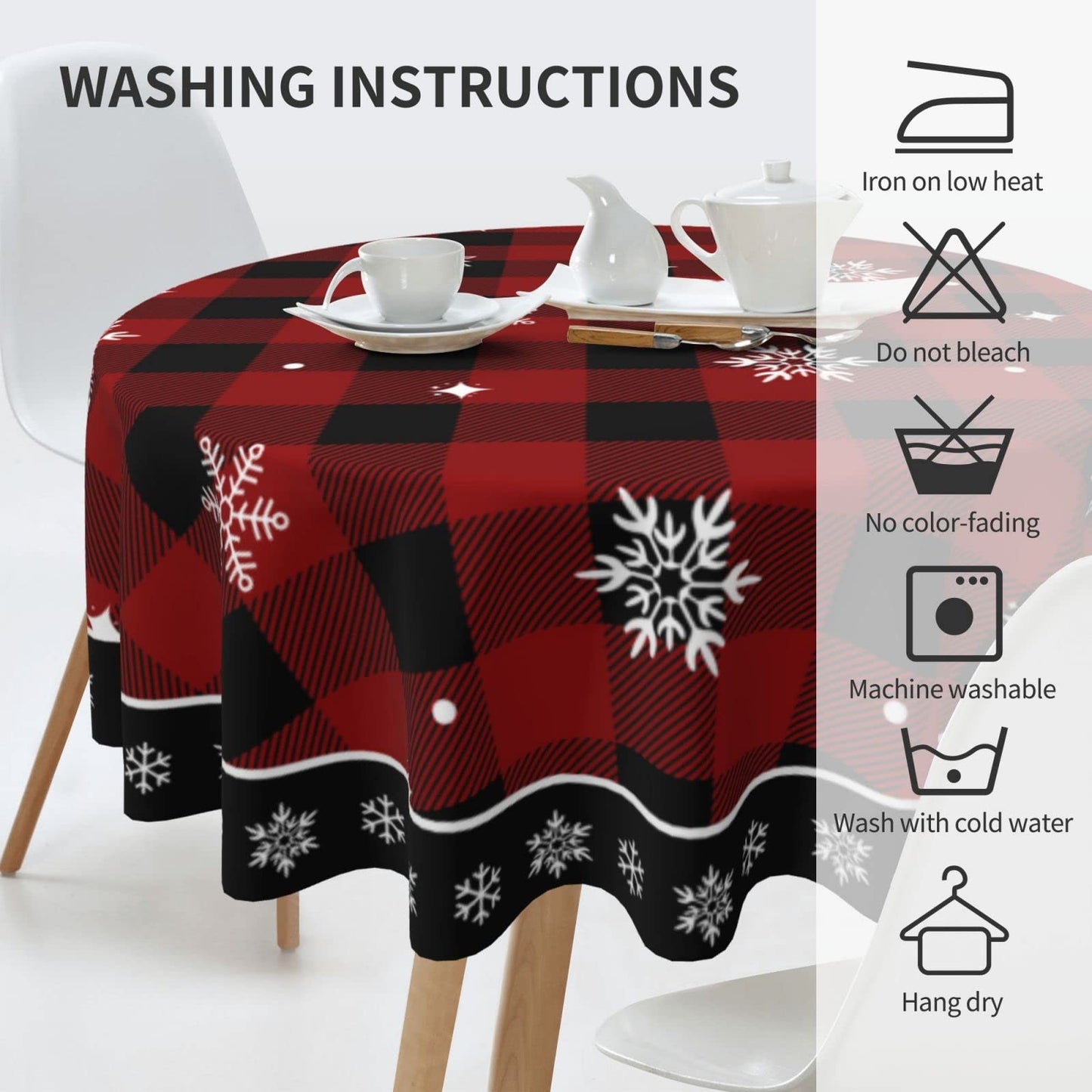 Christmas Tablecloth, Red Black Buffalo Plaid Round Tablecloth 60 Inch, Winter Snowflake Table Cloth for Rustic Farmhouse Kitchen Decor, Xmas Holiday Outdoor Wipeable Polyester Fabric Table Cover