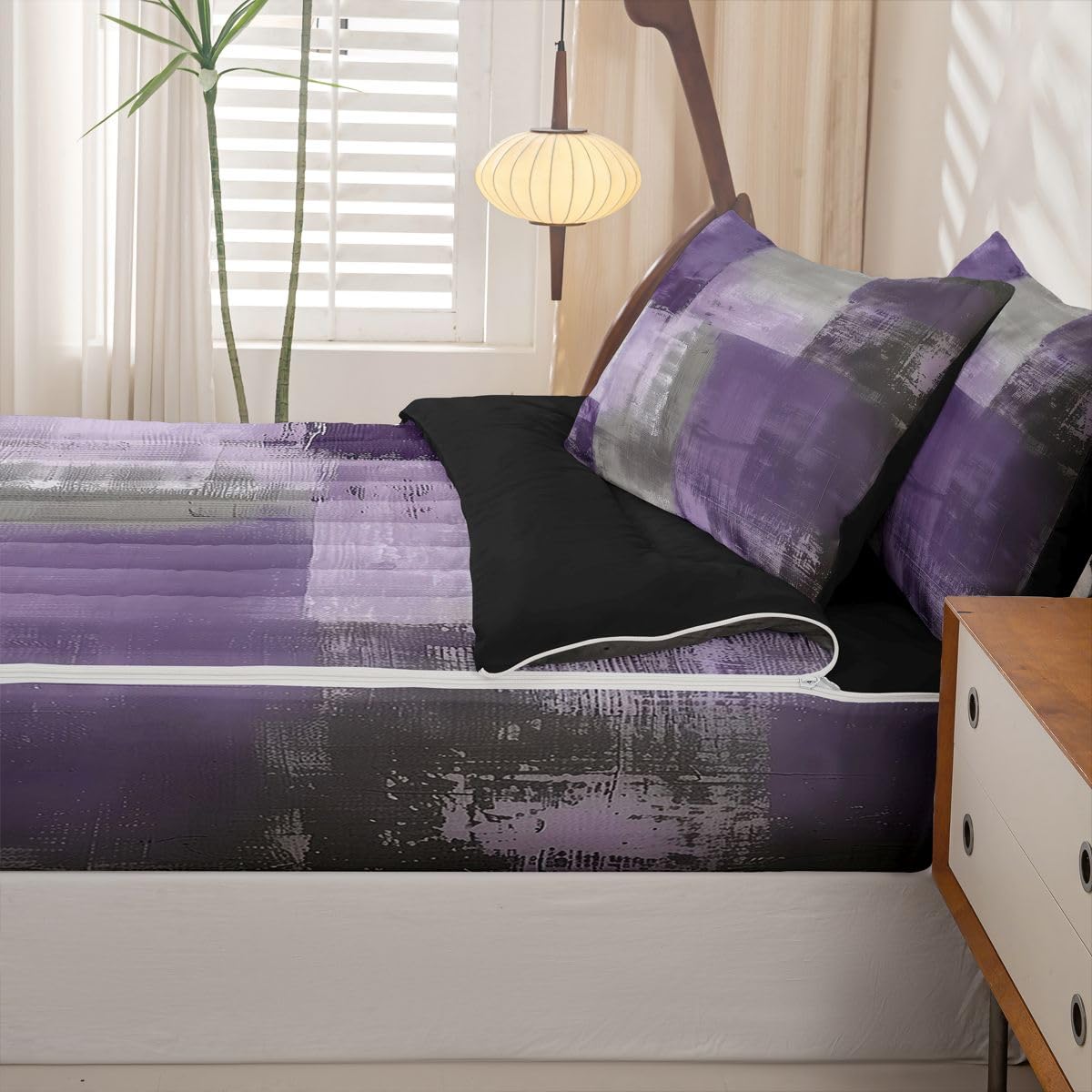 jejeloiu Abstract Zipper Bedding Twin Purple Gray Bedding Sets for Kids Boys Girls Modern Art Comforter Set with Fitted Sheet 2 Pillowcases One Zipper Bed Set for All Seasons