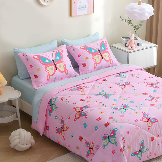 Jameswish Pink Butterfly Comforter Set Twin Size for Girls Kids Teens 7 Piece Bed in A Bag Colorful Flower Leaves Bedding Set All Season Lightweight