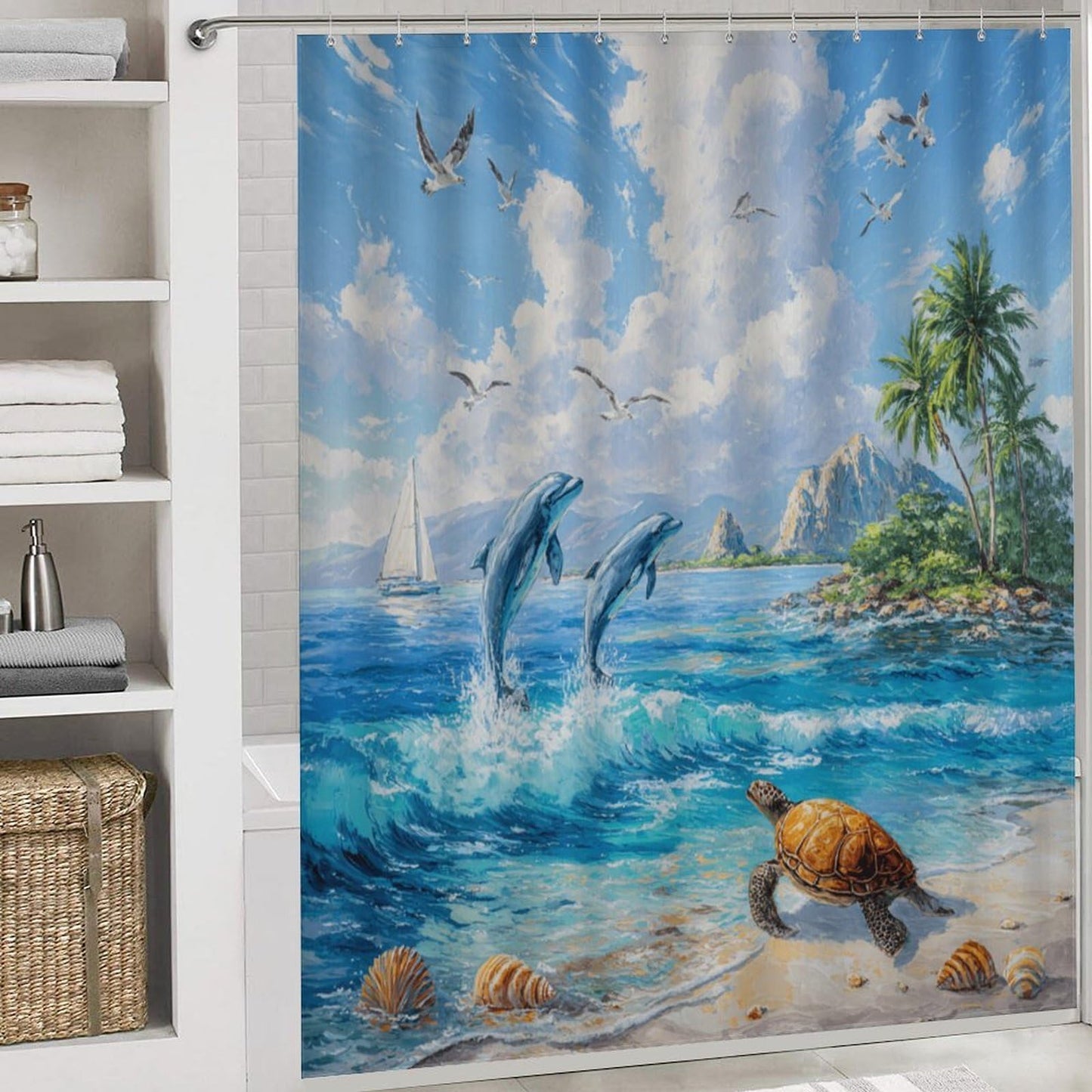 INSFBRB Rustic Colorful Dolphin Shower Curtain Sets with Rug,Toilet Lid Cover and Bath Mat,Beautiful Oil Painting Palm Nautical Seagull Ship Ocean Sea Turtle 4 Piece Bathroom Set