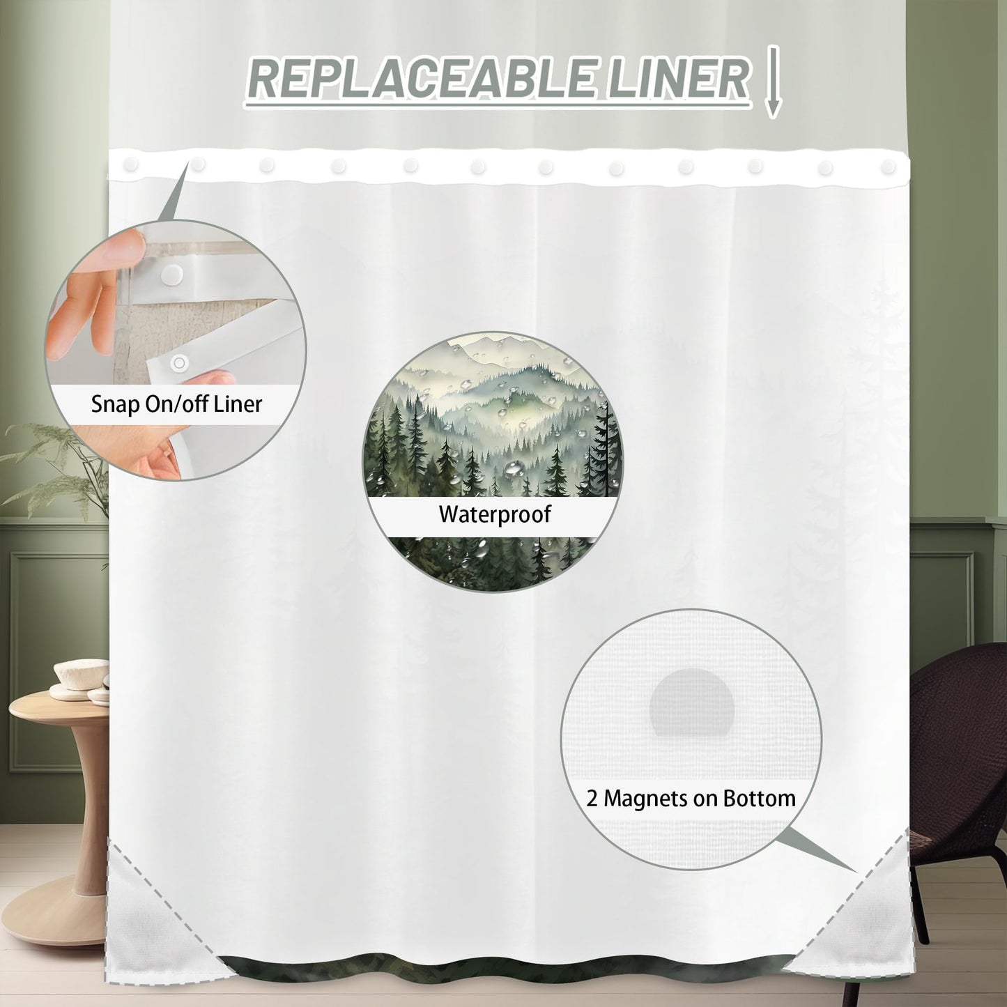 soeeao Forest See Through Mesh Top Shower Curtain with Window, Nature Mountain Double Layer Shower Curtains with Snap in Liner with Magnets, Waterproof Cloth Fabric with Hooks, 71" W x 72" L